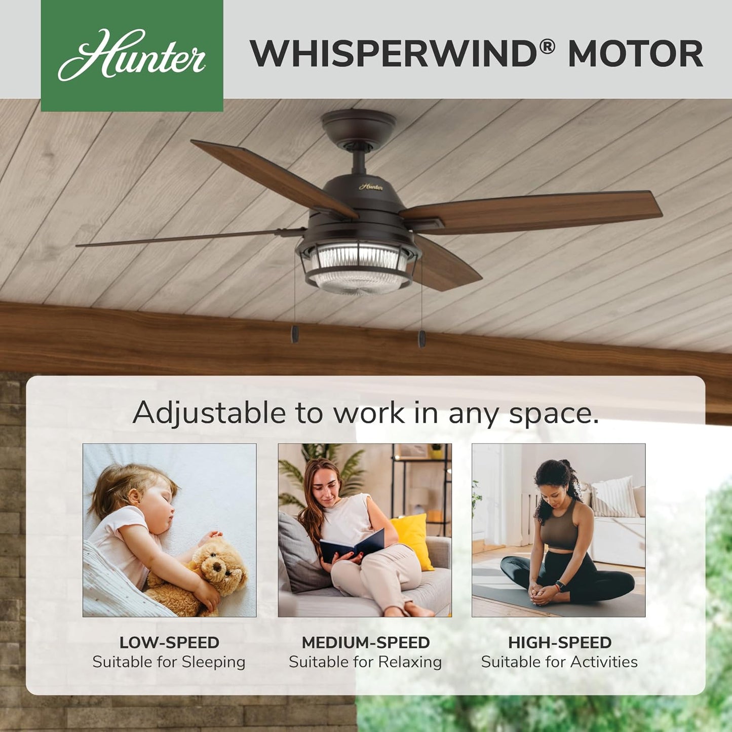Hunter Ocala, Outdoor or Indoor, Ceiling Fan, Rustic, 52 inch, Noble Bronze | with LED Light and Pull Chain, Standard Mount, 4 Blades, For Living Room, Patio, Porch, Garage, 59214