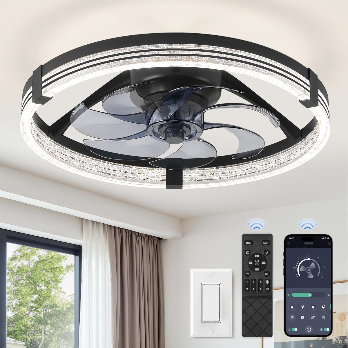 ZMISHIBO Ceiling Fan with Light and remote, 23'' Low Profile Ceiling Fans | Flush Mount Modern Ceiling Fan and Remote Control, 3000K-7000K Dimmable, Modern Fandelier for Bedroom, Living Room
