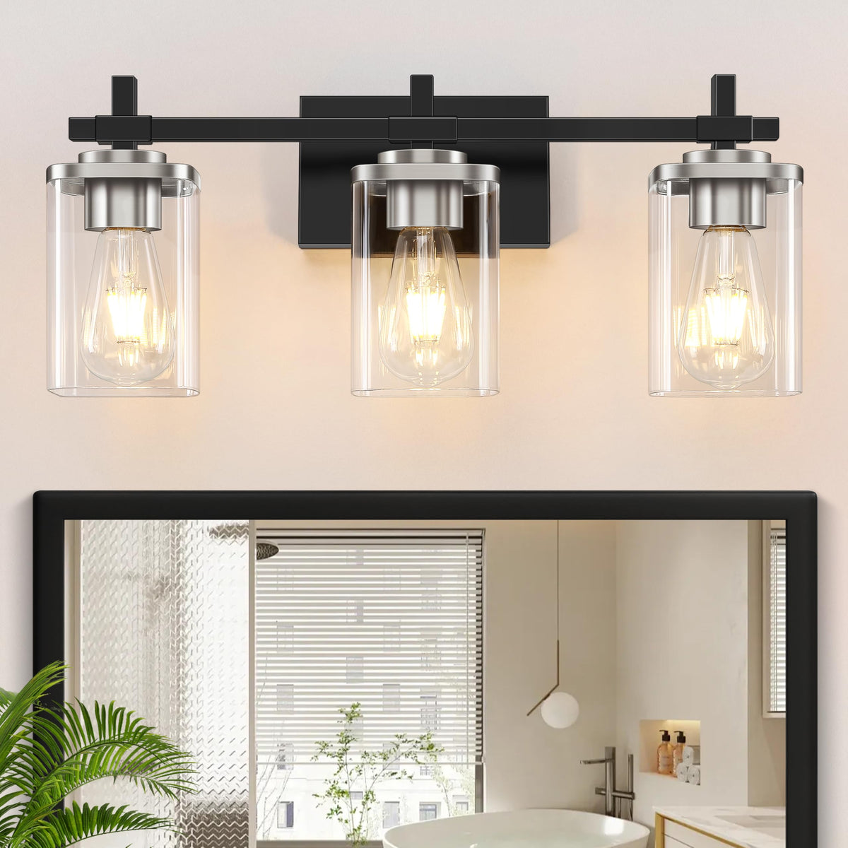 3-Lights Black and Gold Bathroom Light Fixtures Over Mirror, Modern Brushed Gold Vanity Lights for Bathroom, Sconces Wall Lighting with Square Glass Shade for Mirror Bedroom Hallway