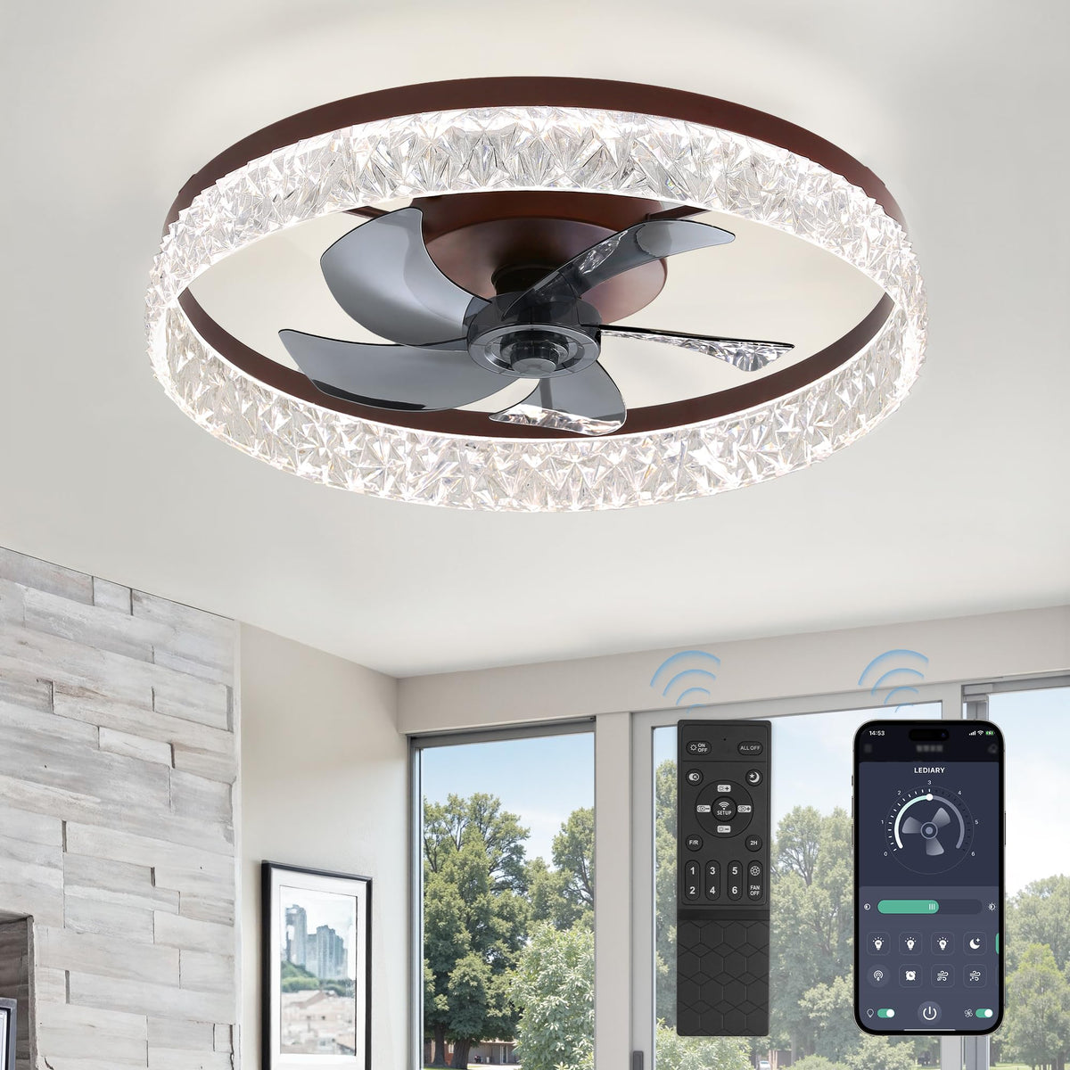 LEDIARY 20" Modern Ceiling Fans with Lights and Remote, White Fandelier | Dimmable Low Profile, Flush Mount Ceiling Fan, Stepless Color Temperature Change, 6 Speeds, Bedroom, Living Room, Kitchen