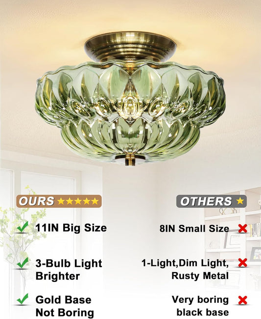 11" 3-Bulb Bright Semi Flush Mount Ceiling Light,Vintage Gold Hallway Light | OYKYOHEI Globe Close to Ceiling Light for Bathroom/Dining Room/Entryway /Kitchen,Amber Glass,Easy Install,40W Max G9(NO BULB)