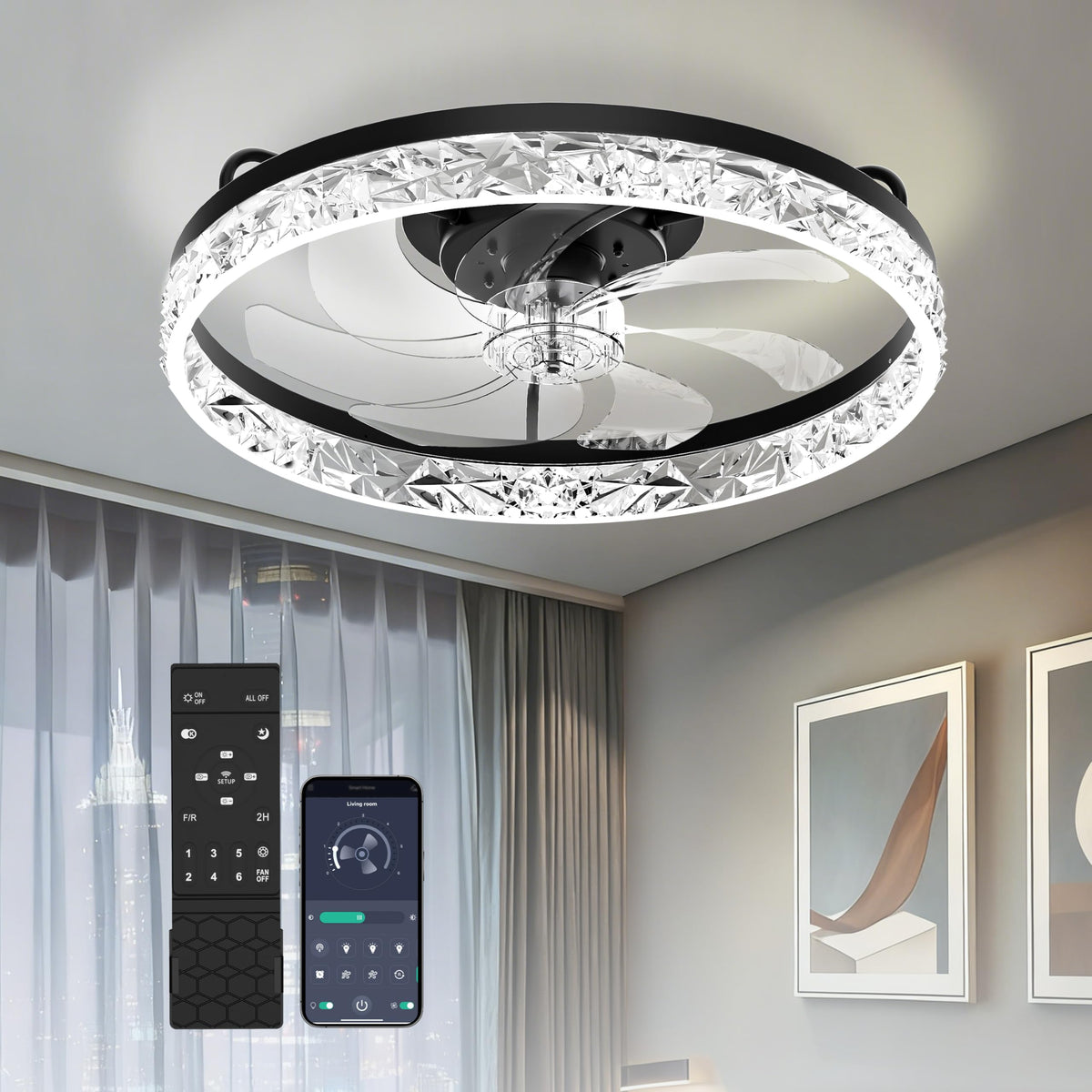20 Inch Ceiling Fan Light with Lights and Remote, Easy Install Ceiling Fans | Low Profile Flush Mount Ceiling Fans with Light, 3CCT Dimmable Smart Ceiling Fan Lights for Bedroom