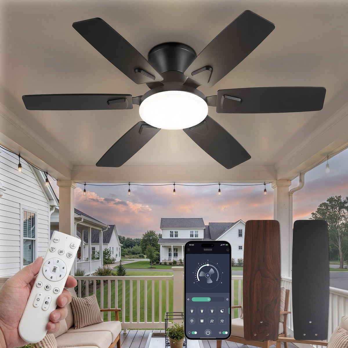 Fanbulous 52 Inch Flush Mount Ceiling Fans with Light, Remote & APP Control | 6-Blade Gentle Breeze,Quiet DC Motor, 3CCT,Dimmable,Memory Function,Reversible, Damp-Rated, Living Room,Bedroom,Covered Patio