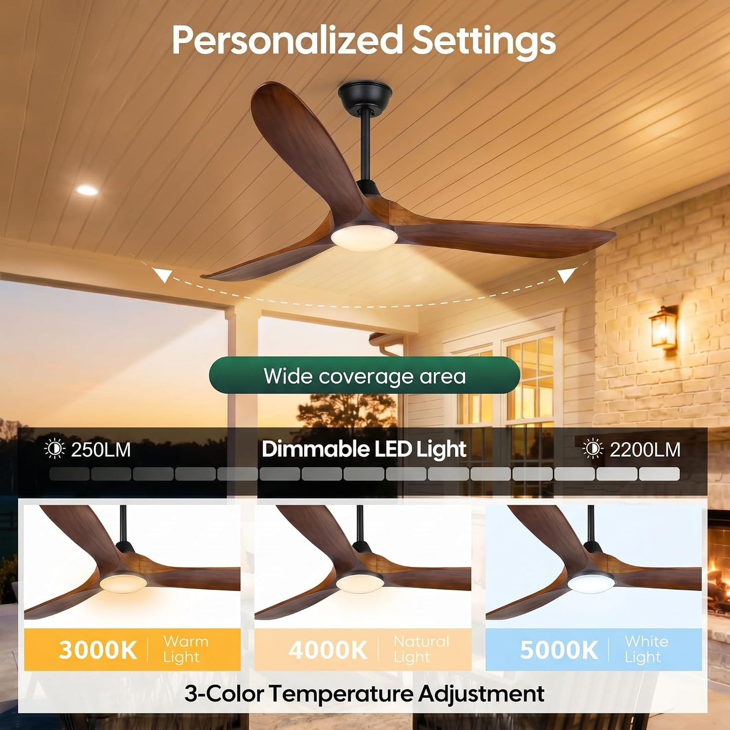 60 inch Outdoor Ceiling Fan for Patios with Light, Farmhouse style | 3 Blades Wood Ceiling Fan, Damp Rated Large Airflow Commercial Ceiling Fans for Exterior House Porch Gazebo