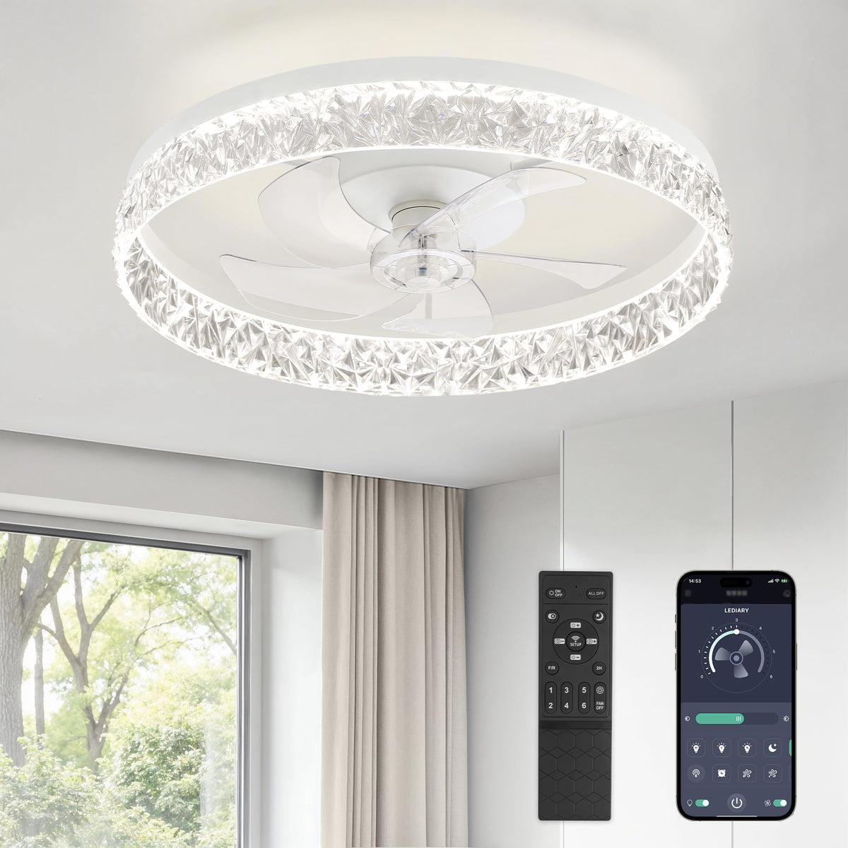 LEDIARY 20" Modern Ceiling Fans with Lights and Remote, White Fandelier | Dimmable Low Profile, Flush Mount Ceiling Fan, Stepless Color Temperature Change, 6 Speeds, Bedroom, Living Room, Kitchen