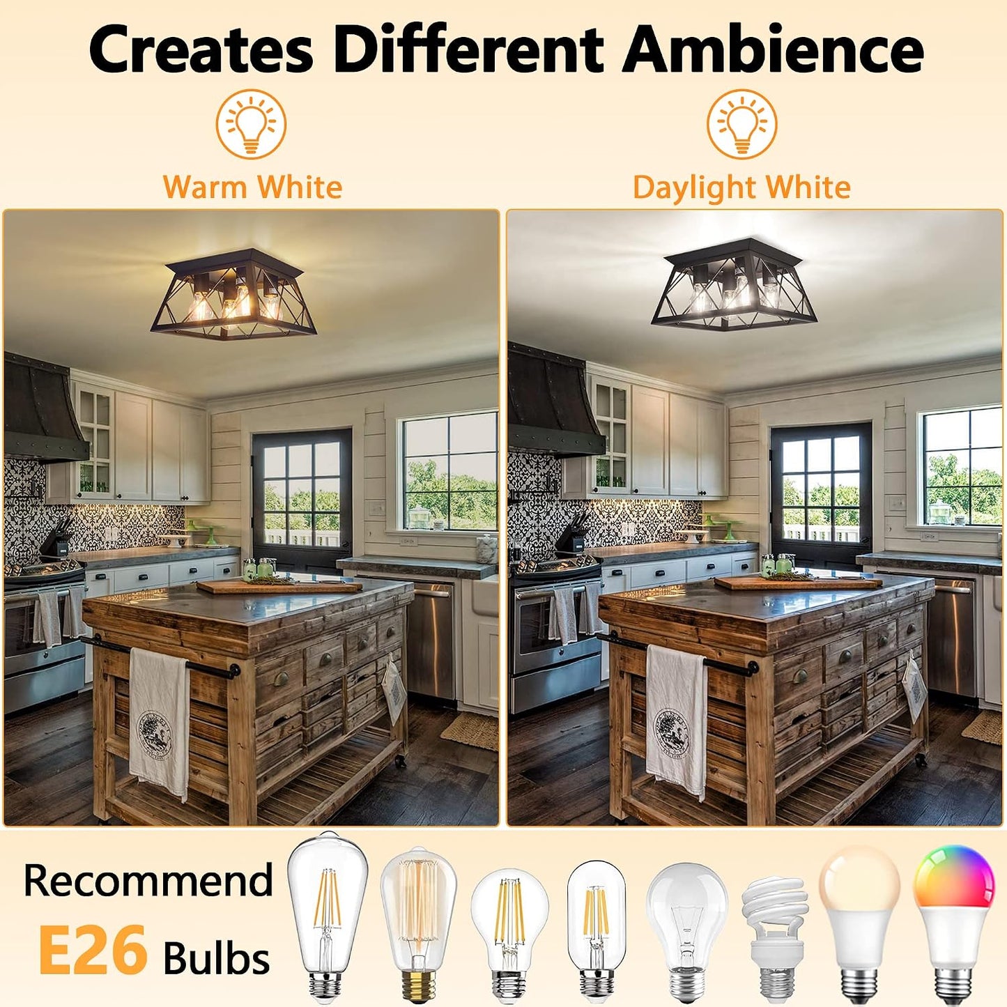 FadimiKoo 4-Light Black Flush Mount Ceiling Light for Kitchen Hallway, Industrial Close to Ceiling Lighting, Farmhouse Square Cage Lamp for Dining Room, Living Room, Bulb Not Included