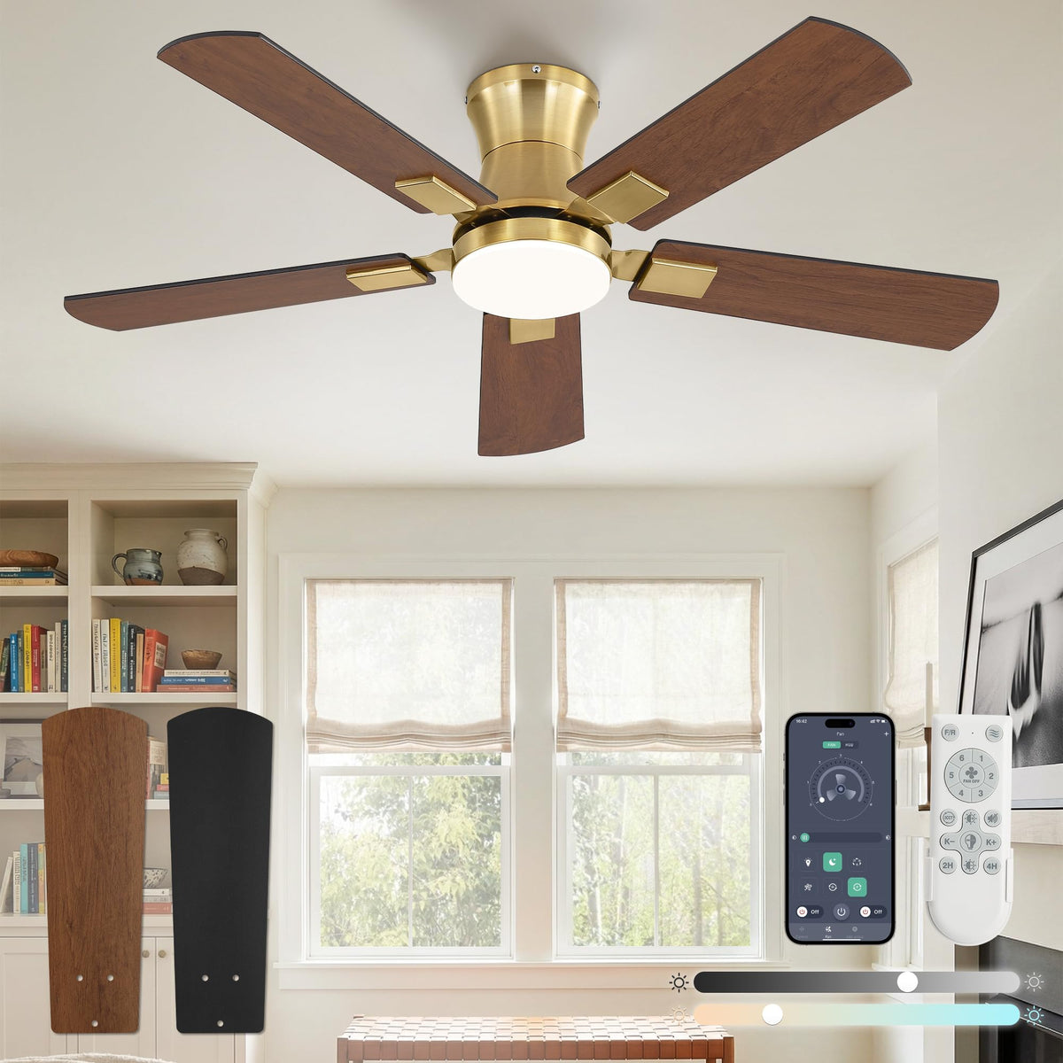 Fanbulous 52 inch Ceiling Fan with Light, Low Profile, App & Remote Control | Flush Mount, Stepless Dimming LED Light, Quiet Reversible DC Motor, Memory Function, Living Room, Bedroom, Patio, Black