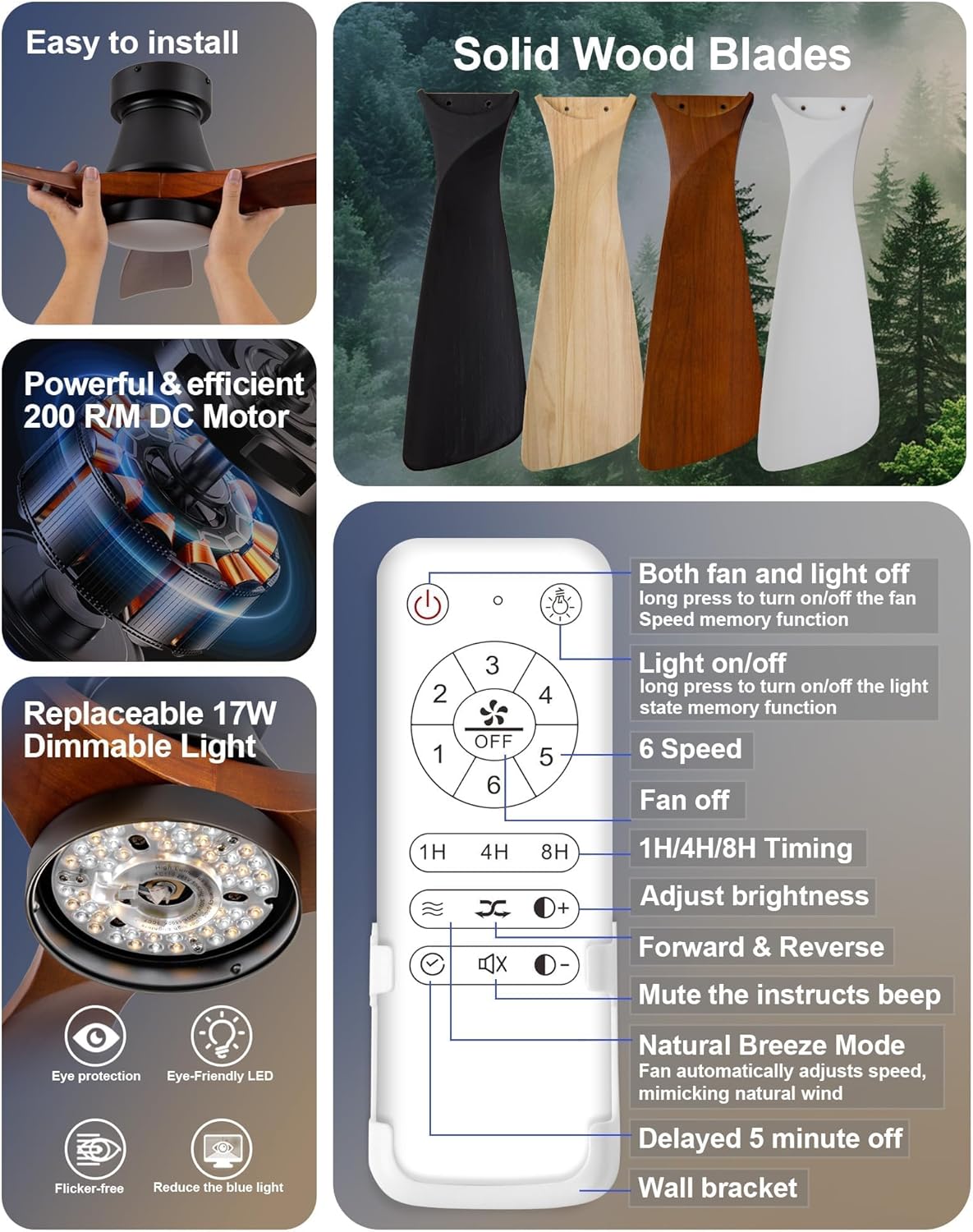 42-Inch Ceiling Fan with Lights, Remote Control, Flush Mount, Dimmable, Reversible, Wood Blades, Power-Off Memory, Quiet DC Motor – Modern Hugger Ceiling Fan for Living Room, Bedroom, Patio