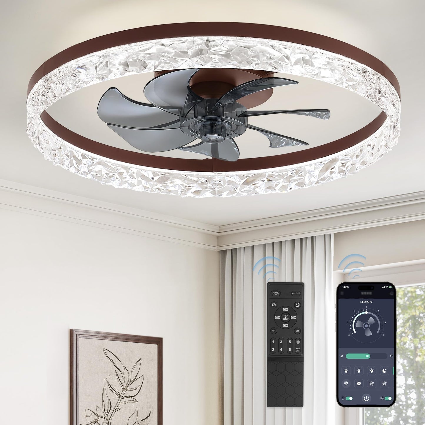 LEDIARY 20" Modern Ceiling Fans with Lights and Remote, White Fandelier | Dimmable Low Profile, Flush Mount Ceiling Fan, Stepless Color Temperature Change, 6 Speeds, Bedroom, Living Room, Kitchen