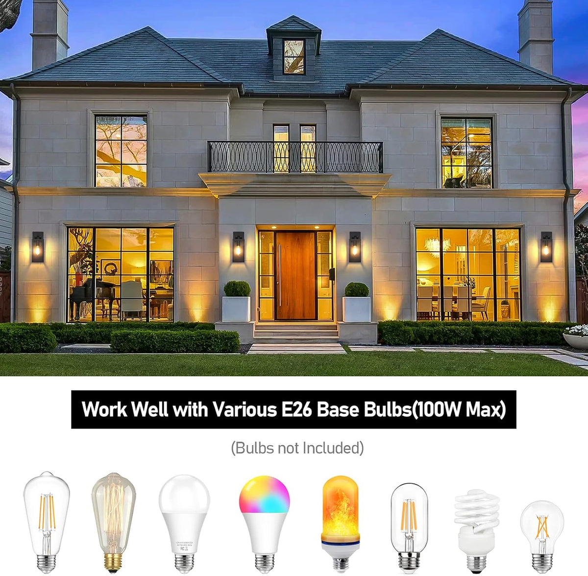 Outdoor Wall Light Fixtures, Modern Black Exterior Wall Lanterns | Waterproof Metal Construction, Rust-resistant, Quick & Easy Installation, Clear Glass Shades & Standard E26 Socket