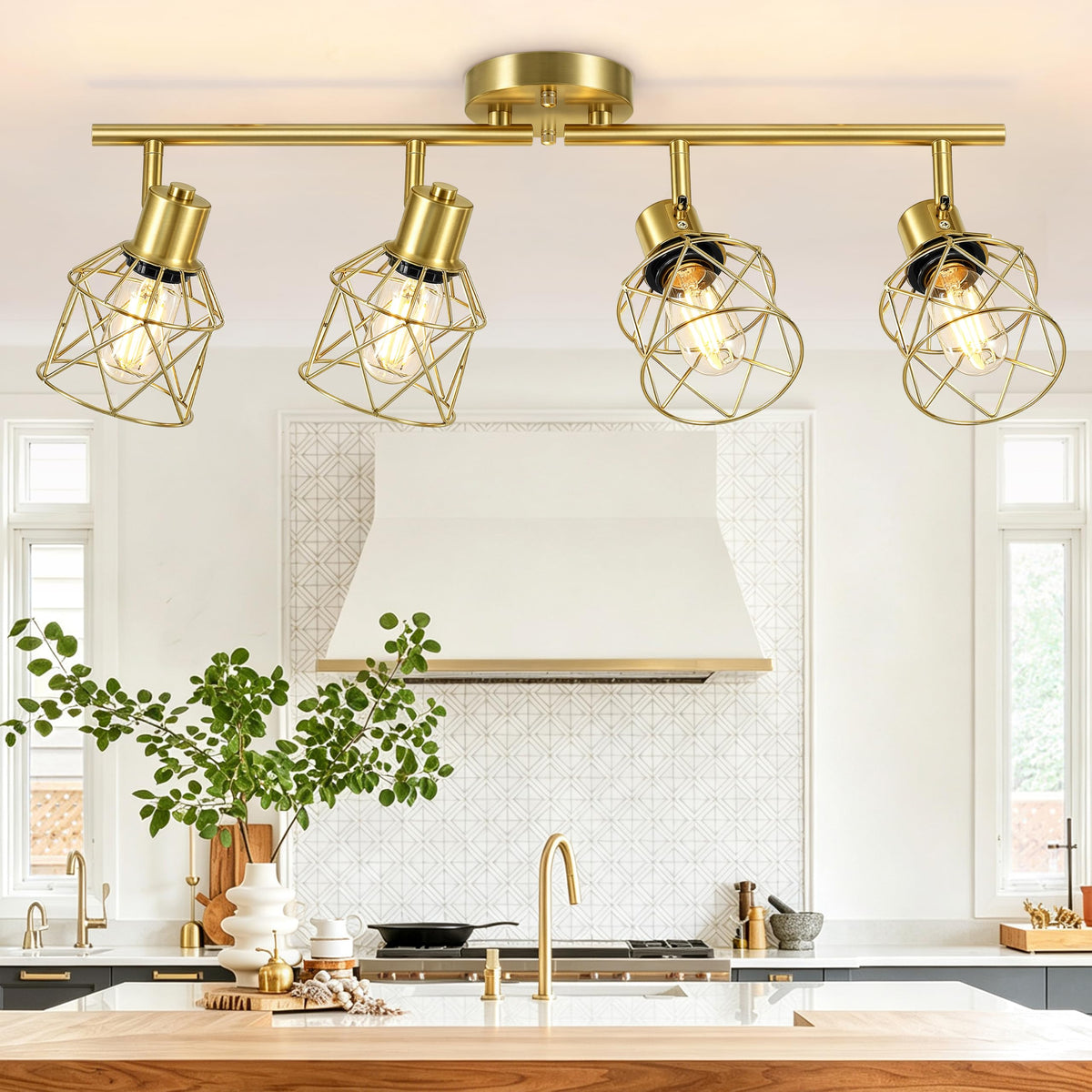 Baocuz 4-Lights Semi Flush Mount Ceiling Light, Adjustable Multi-Directional Light Fixtures, Rotatable Farmhouse Light Fixtures Mount with Metal Cage for Dining Room, Living Room