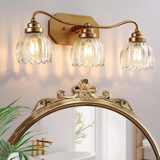 3 Light Gold Vintage Vanity Lights, Antique Brass Finish | Clear Tulip Crystal Shades,Brushed Gold Bathroom Light Fixtures,Wall Sconce Ideal for Bedroom, Hallway, Easy to Install