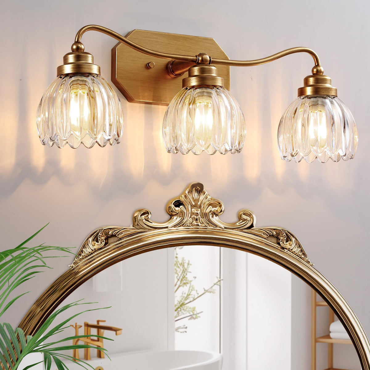 3 Light Gold Vintage Vanity Lights, Antique Brass Finish | Clear Tulip Crystal Shades,Brushed Gold Bathroom Light Fixtures,Wall Sconce Ideal for Bedroom, Hallway, Easy to Install