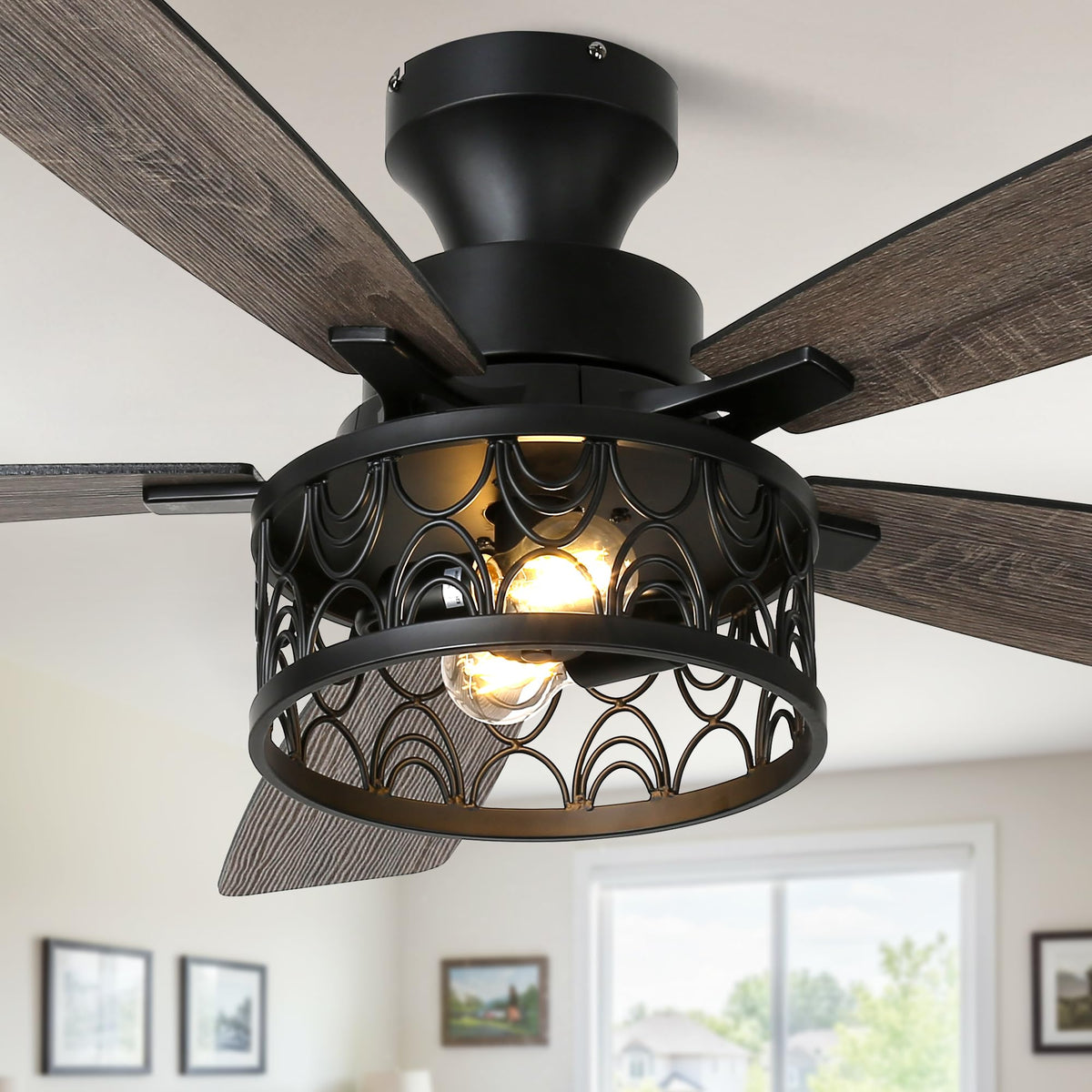 52 Inch Flush Mount Farmhouse Ceiling Fans with Lights and Remote Control | 5 Reversible Blades Vintage Low Profile Ceiling Fan with 3-Light 6 Speeds for Living Room Bedroom Kitchen Dining Room