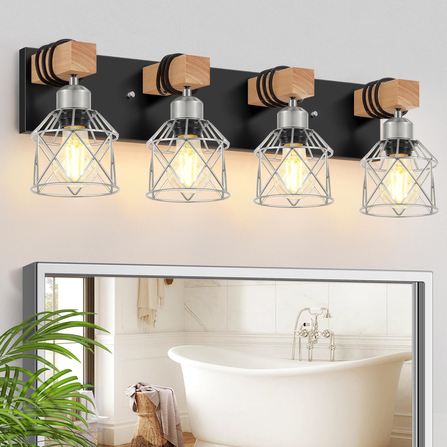 FadimiKoo 3-Light Bathroom Vanity Lights, Farmhouse Bathroom Light Fixtures | Rustic Wood & Black Metal Shade, Wood Bathroom Lighting Fixtures Over Mirror, Wall Sconces for Bathroom Bedroom Living Room