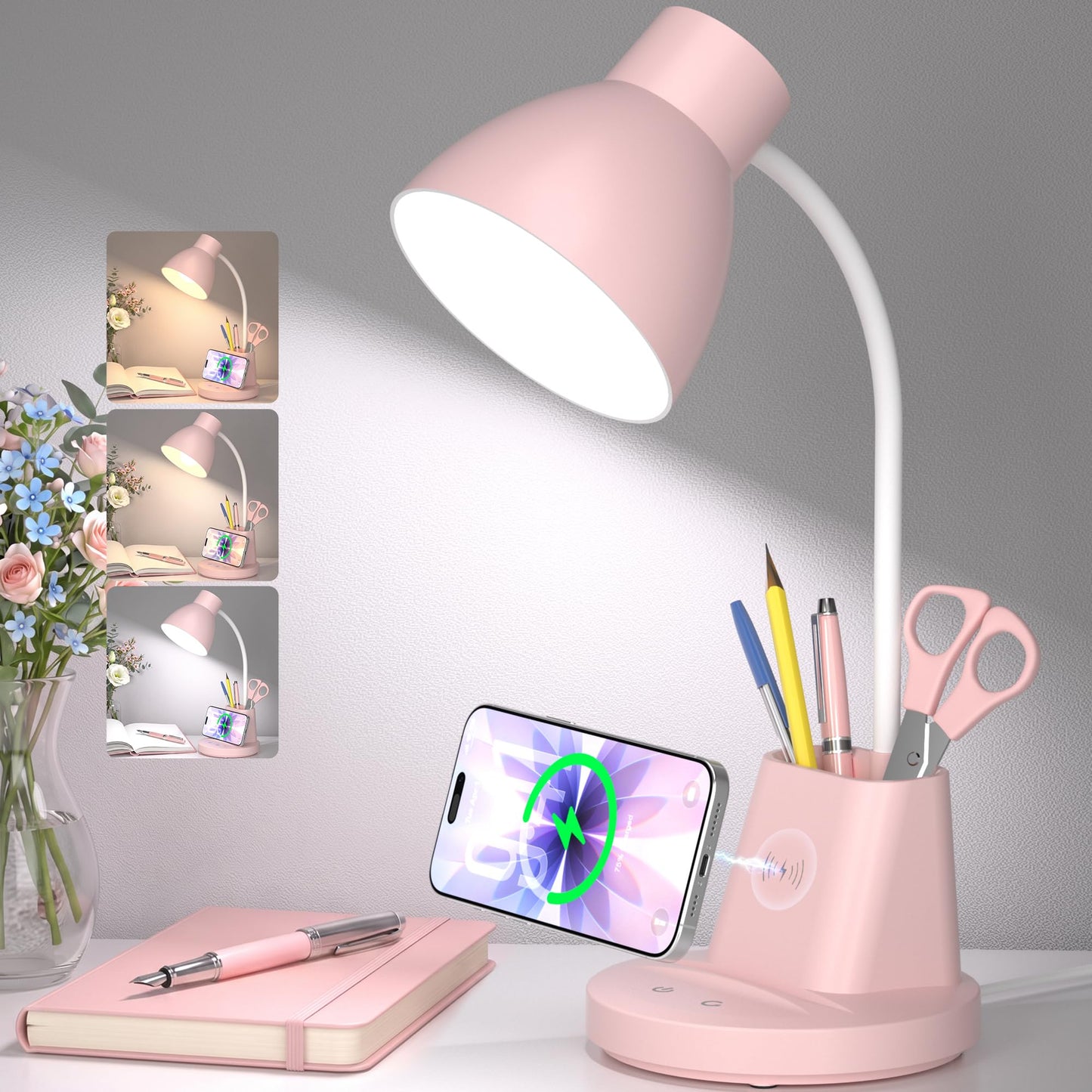 10W Wireless Charging LED Desk Lamp with Pen Holder, CRI 95, Black | 800LM, 3 Modes, 360°Flexible Arm, Touch, Brightness, Table Lamp for Home Office, Dorm, Bedside, Study, Reading, with Adapter