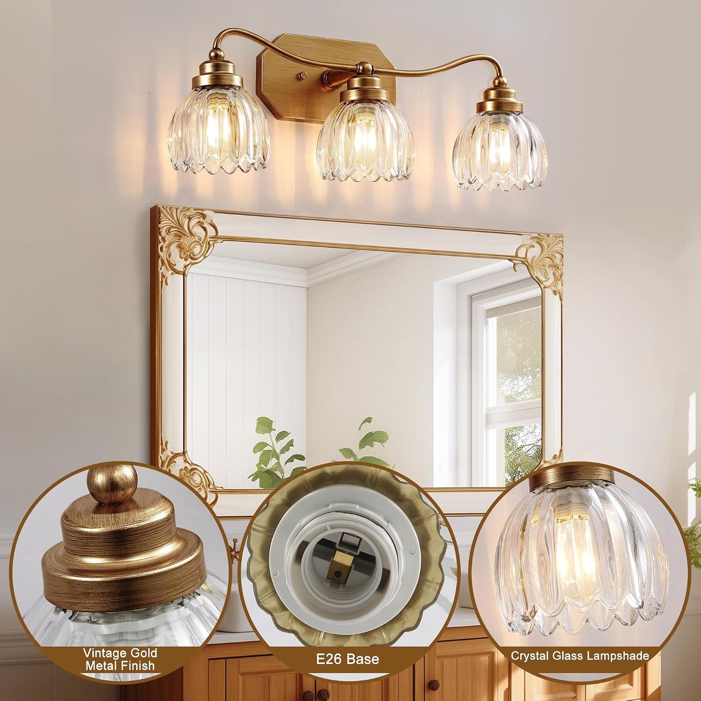 3 Light Gold Vintage Vanity Lights, Antique Brass Finish | Clear Tulip Crystal Shades,Brushed Gold Bathroom Light Fixtures,Wall Sconce Ideal for Bedroom, Hallway, Easy to Install