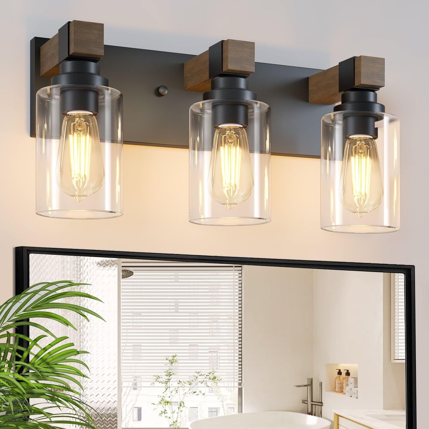 Farmhouse 3-Light Bathroom Vanity Light Fixtures, Black and Wood | 18.8″ Rustic Matte Black Metal Frame, Clear Glass Shades, Vintage Wall Sconces Lighting Over Mirror, for Bathroom Restroom