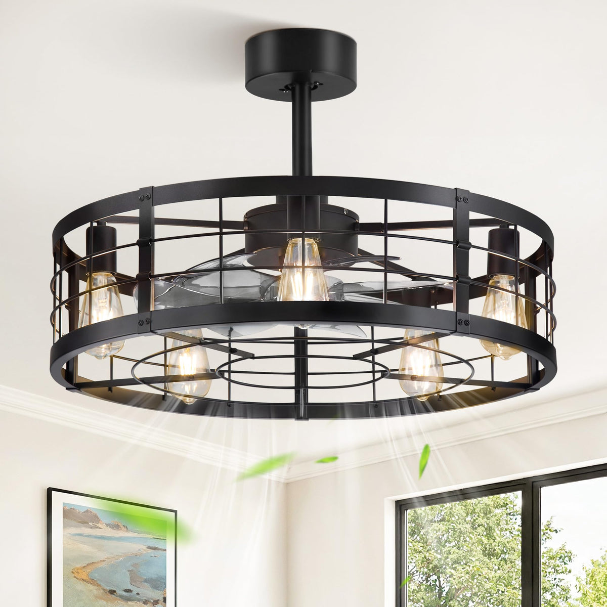 LEDIARY 20 inch Fandelier Caged Ceiling Fan with Light and Remote, Black | 6 Speed Adjustable,Timing, Quiet & Powerful DC, Small, Farmhouse, Industrial, Enclosed, Bladeless, Bedroom, Kitchen, Downrod