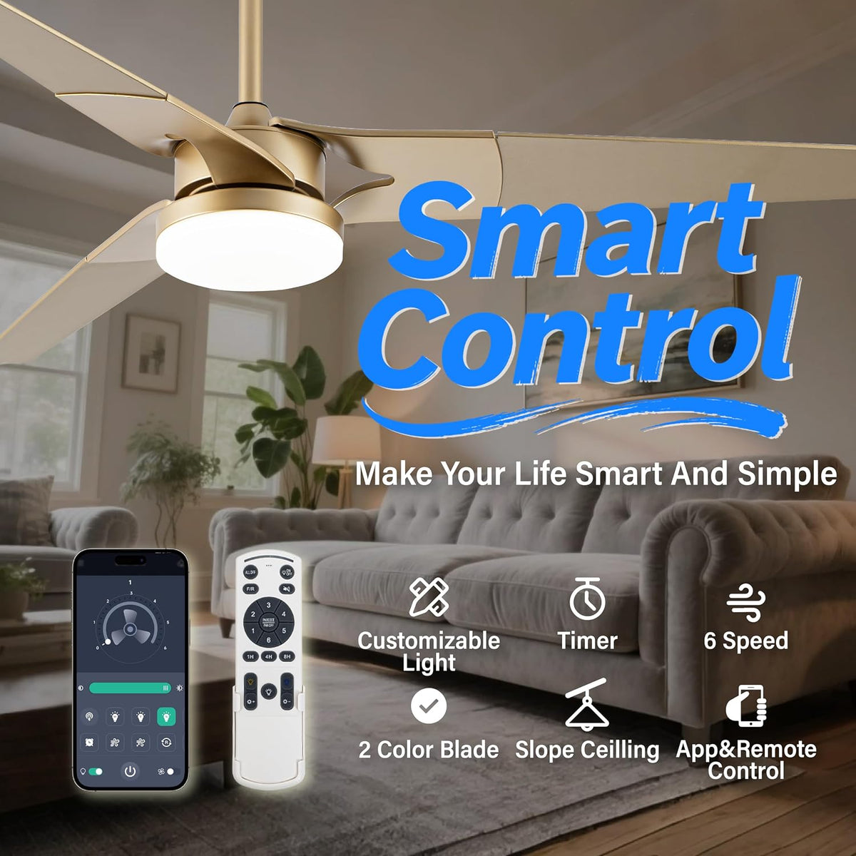 Gold Ceiling Fan with Lights and Remote, 52 In | 3 Blade Style, App Remote Control, Timer, Reversible, 3CCT, 6 Speed, 2 Color Blade for Indoor, Bedroom, Living Room