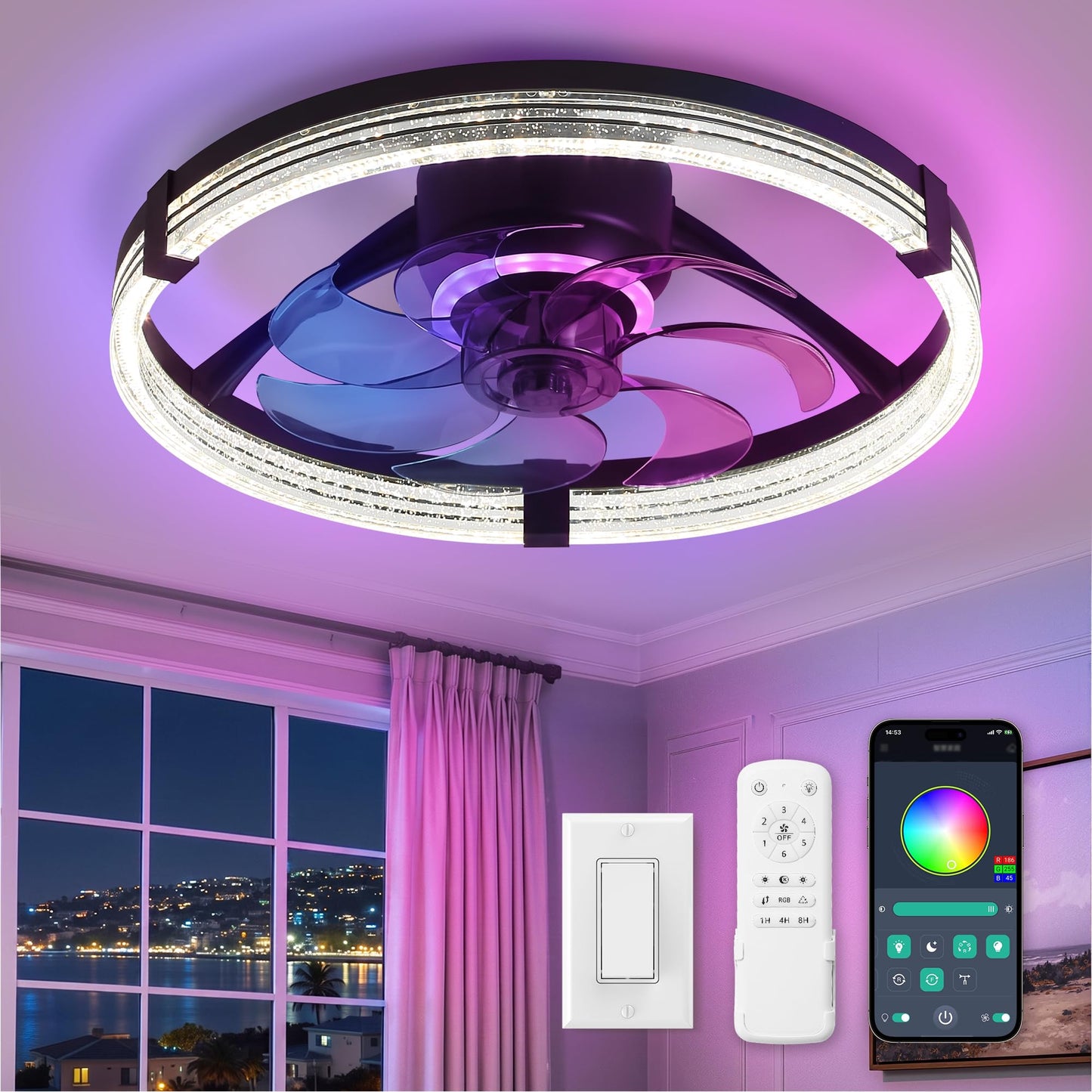 ZMISHIBO Ceiling Fan with Light and remote, 23'' Low Profile Ceiling Fans | Flush Mount Modern Ceiling Fan and Remote Control, 3000K-7000K Dimmable, Modern Fandelier for Bedroom, Living Room