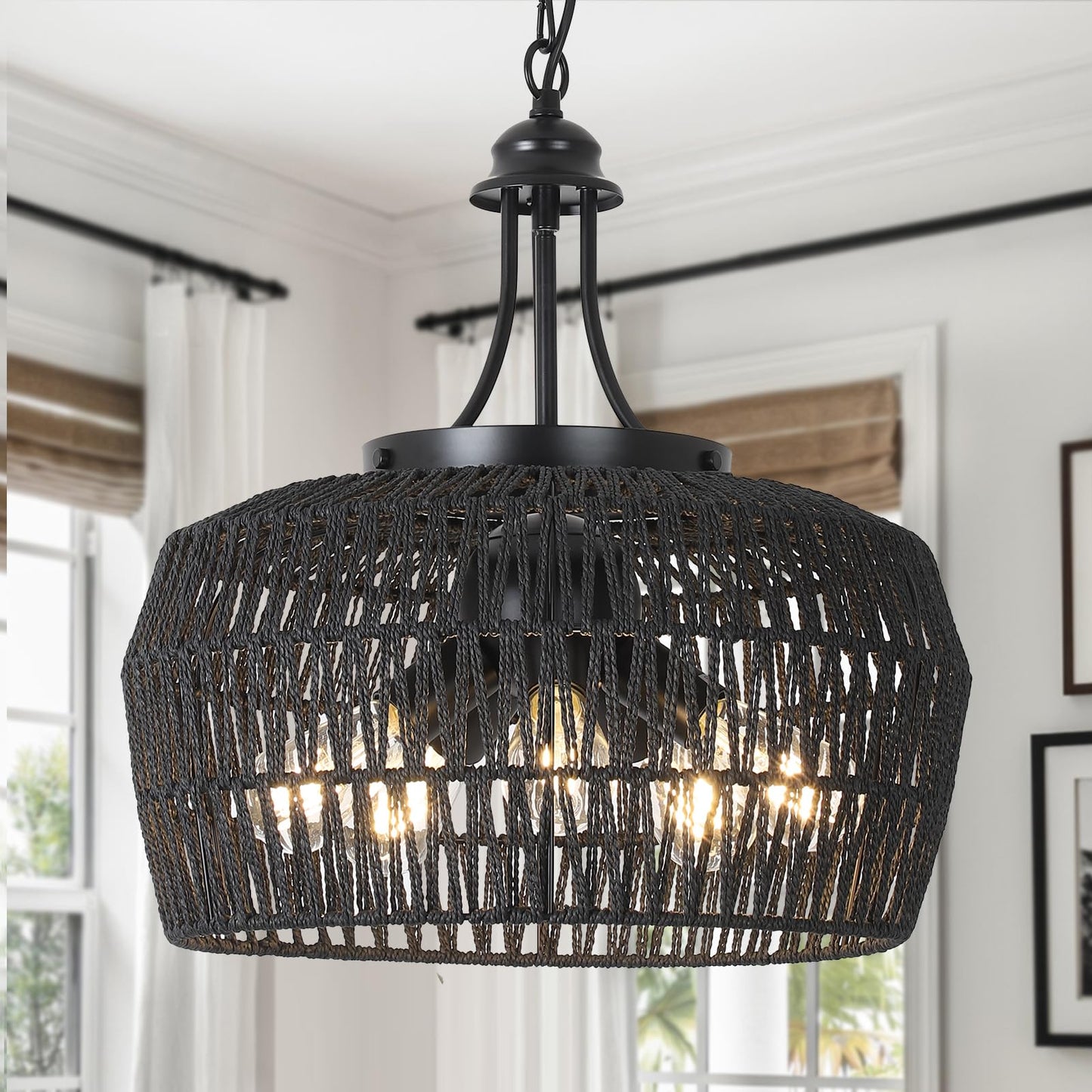 HMVPL Farmhouse Chandelier for Dining Room, 3-Light Boho Rattan Chandelier Light Fixture Ceiling Hanging with Woven Lampshade, Small Wicker Coastal Pendant Light for Kitchen Bedroom Island Hallway