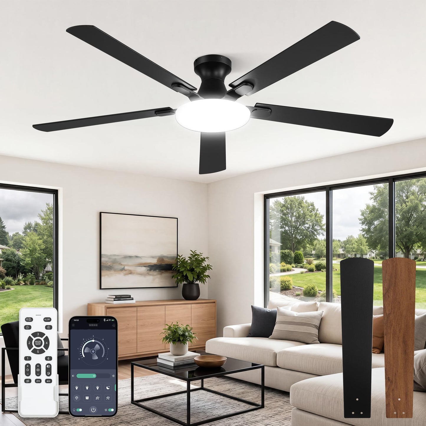 LEDIARY 52 Inch Flush Mount Ceiling Fans with Lights, Remote & APP Control | Bright Light, 3CCT, Memory Function, Timer, Reversible Blade, Quiet DC Motor, Damp-Rated, Living Room, Bedroom, Covered Patio