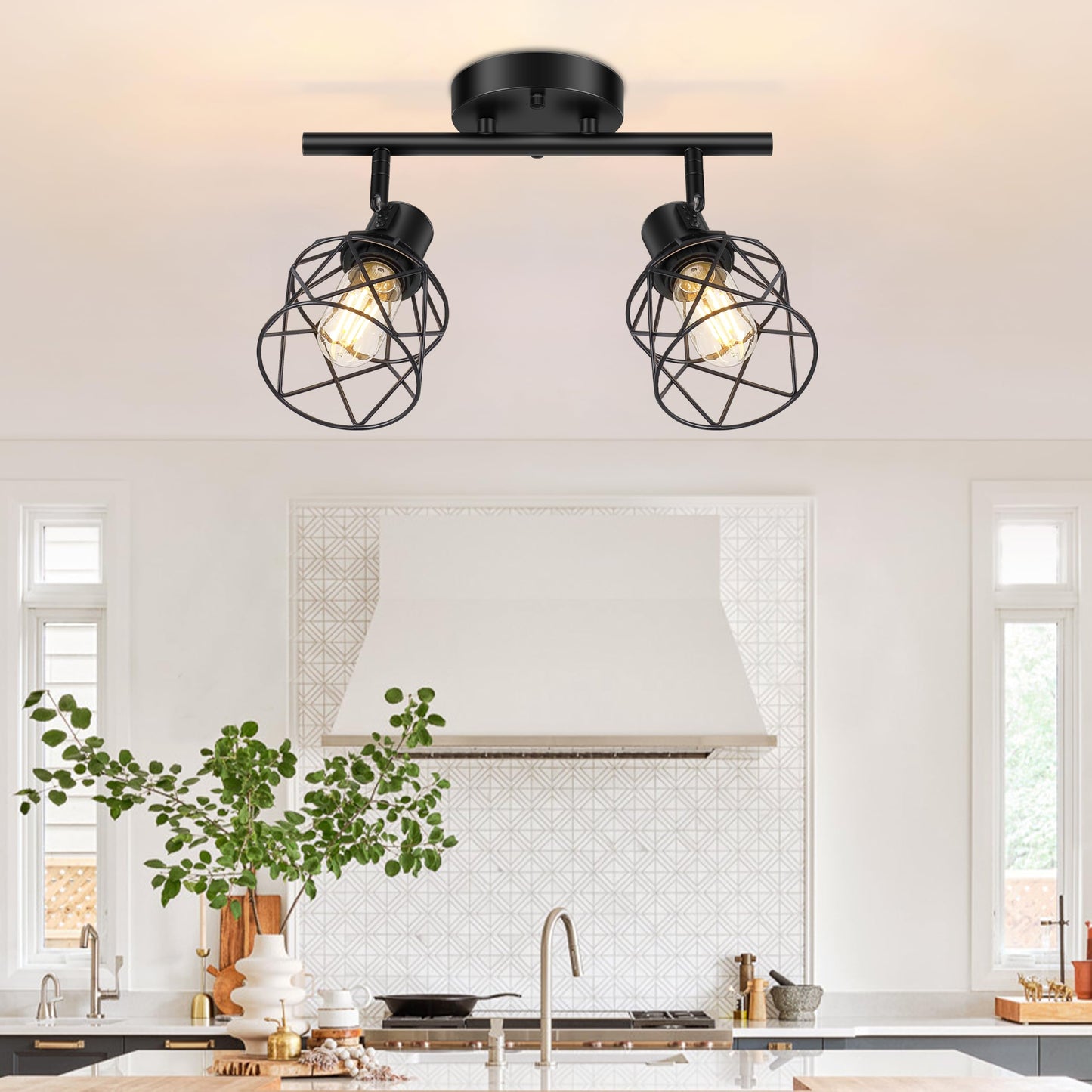 Baocuz 4-Lights Semi Flush Mount Ceiling Light, Adjustable Multi-Directional Light Fixtures, Rotatable Farmhouse Light Fixtures Mount with Metal Cage for Dining Room, Living Room