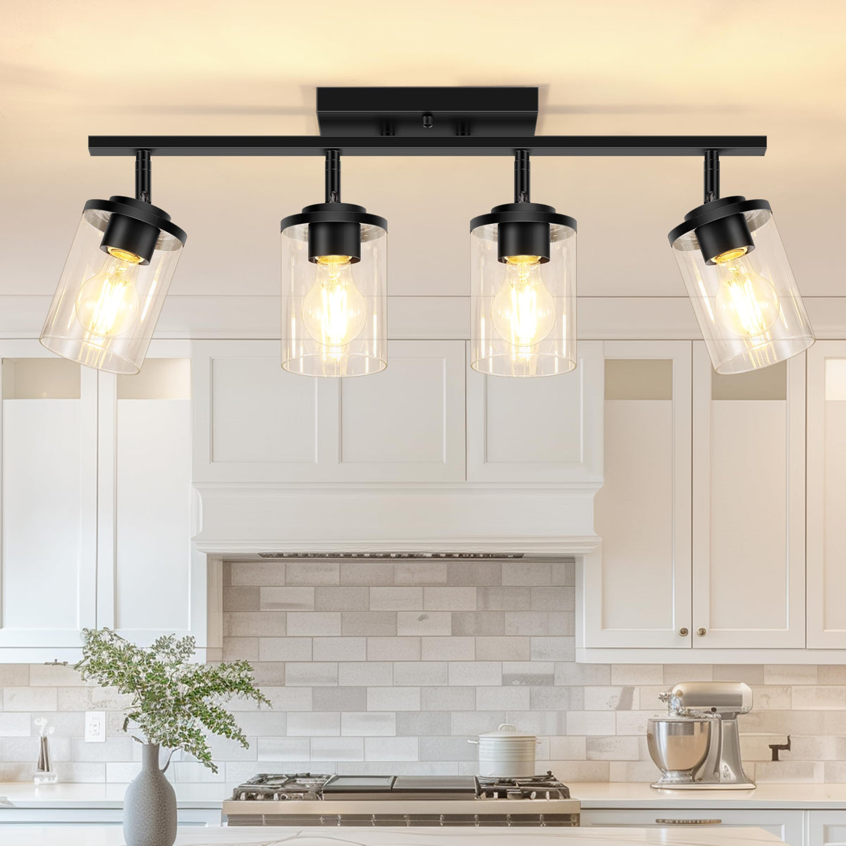 FadimiKoo 3-Lights Semi Flush Mount Ceiling Light, Adjustable Kitchen Light Fixtures Ceiling Mount with Clear Glass Shades, Rotatable Black Track Lighting Fixtures for Hallway, Foyer, Bedroom