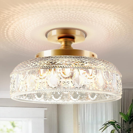 Lamomo Semi Flush Mount Ceiling Light, Golden Hallway Fixture, 12in | 3 Bulb Globe Glass Close to Sconce, kitchen lights, Indoor Hanging Lamp for Bedroom Kitchen Porch Hallway, Bulbs Not Included