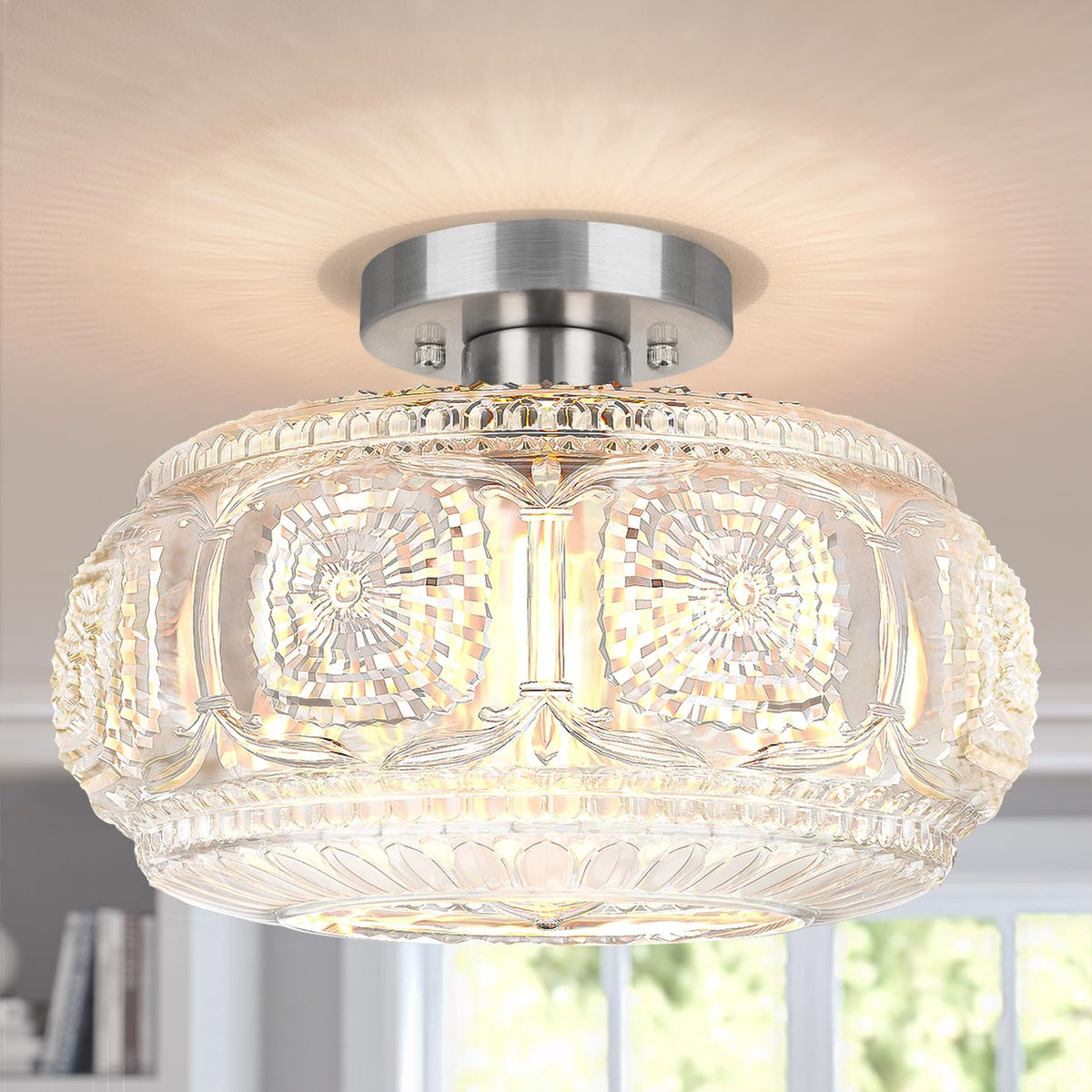Globe Glass Semi Flush Mount Ceiling Light Fixture, Vintage Gold | Beautiful Light Shadow, Easy to Install, Bright Ambiance, Modern Lighting for Hallway Entryway Kitchen Bathroom Bedroom