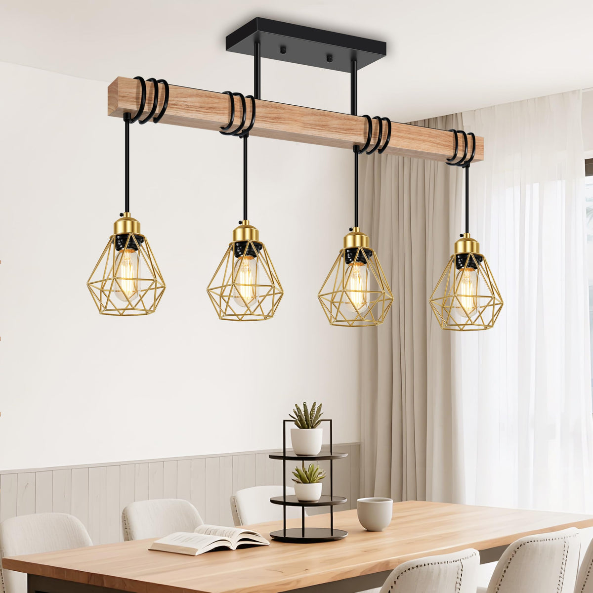 3-Lights Farmhouse Dining Room Pendant Light Fixtures Over Table, Rustic Solid Wood Kitchen Island Lighting Hanging with Metal Shades, Modern Black Ceiling Pendant Lamp for Living Room Hallway