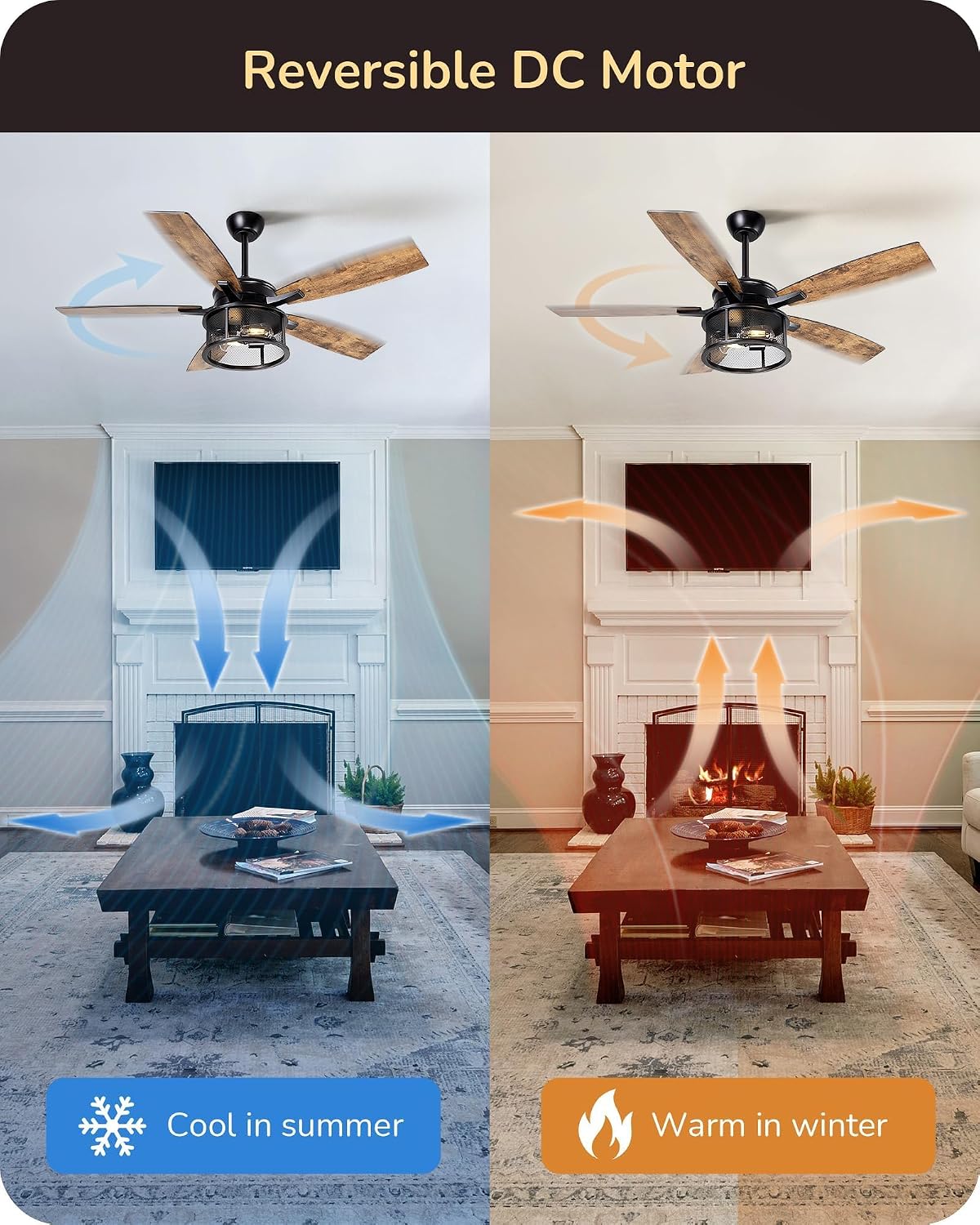 EDISHINE 52" Farmhouse Ceiling Fans with Lights and Remote, 5 Wooden Blades | 10%-100% Dimmable, Timer, 6 Speeds Reversible DC Motor, Wooden Blades Lighting Ceiling Fans for Living Room, Bedroom, Wood