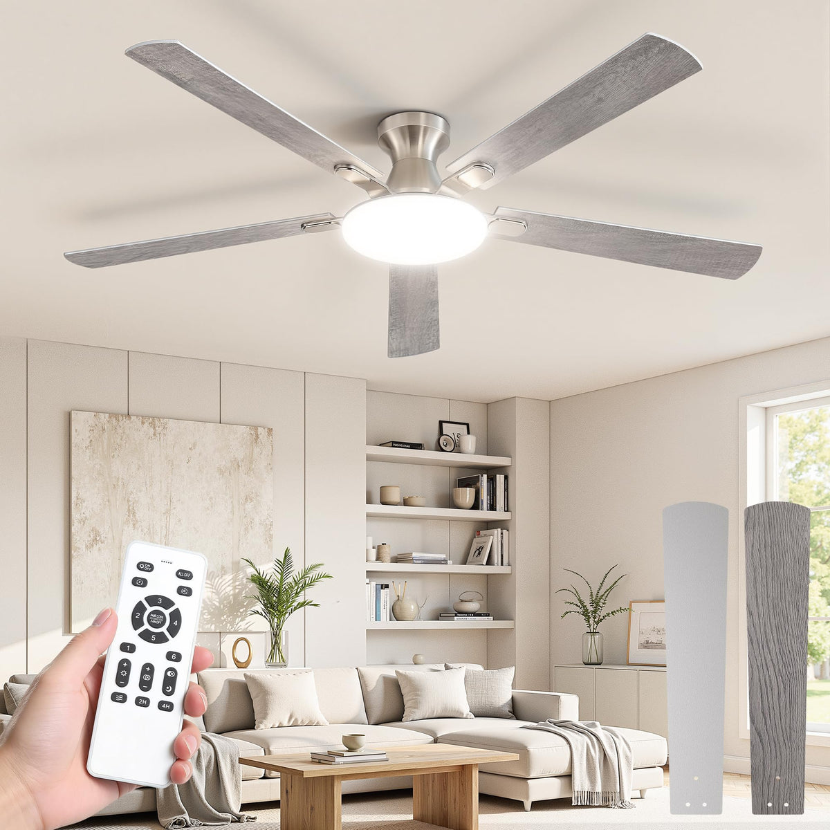 LEDIARY 52 Inch Flush Mount Ceiling Fans with Lights, Remote & APP Control | Bright Light, 3CCT, Memory Function, Timer, Reversible Blade, Quiet DC Motor, Damp-Rated, Living Room, Bedroom, Covered Patio