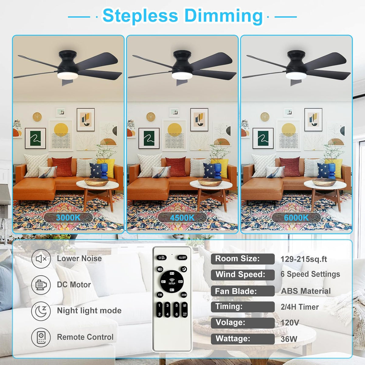 Depuley Modern Ceiling Fan with Light: 42-Inch Black Small Fans for Bedroom Indoor Outdoor - Dimmable Low Profile Ceiling Fans with Remote Control Flush Mount 5 Reversible Black Blades 6 Speeds Timer