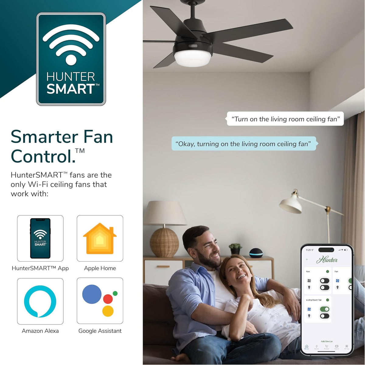 Hunter Aerodyne, Indoor, Ceiling Fan, Smart, Modern, 52 inch, Matte Silver | with LED Light and Remote Control, Standard Mount, 5 Blades, For Bedroom, Living Room, Kitchen, 51315