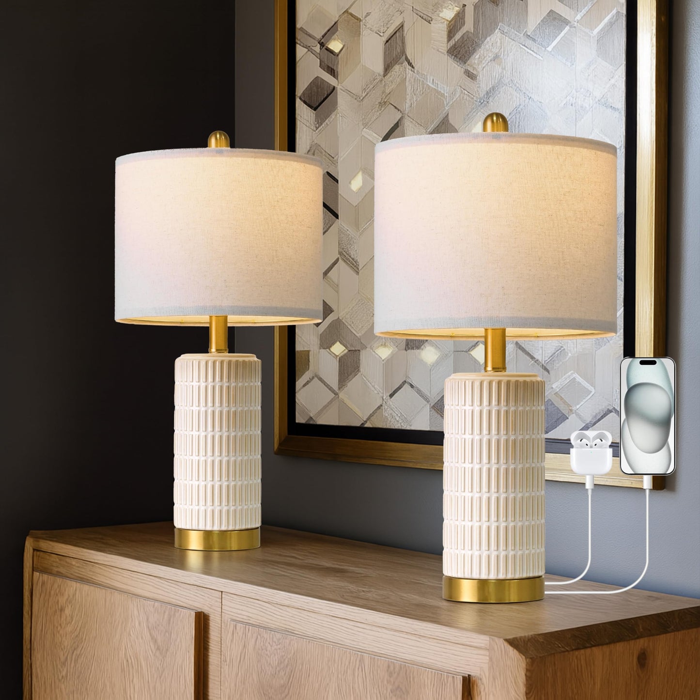 PoKat 20.75" Small Modern Ceramic Table Lamps Set of 2 for Bedroom, White | Bedside lamps for nightstands, farmhouse home decor, end table & desk light, ideal housewarming new home gift for women mom