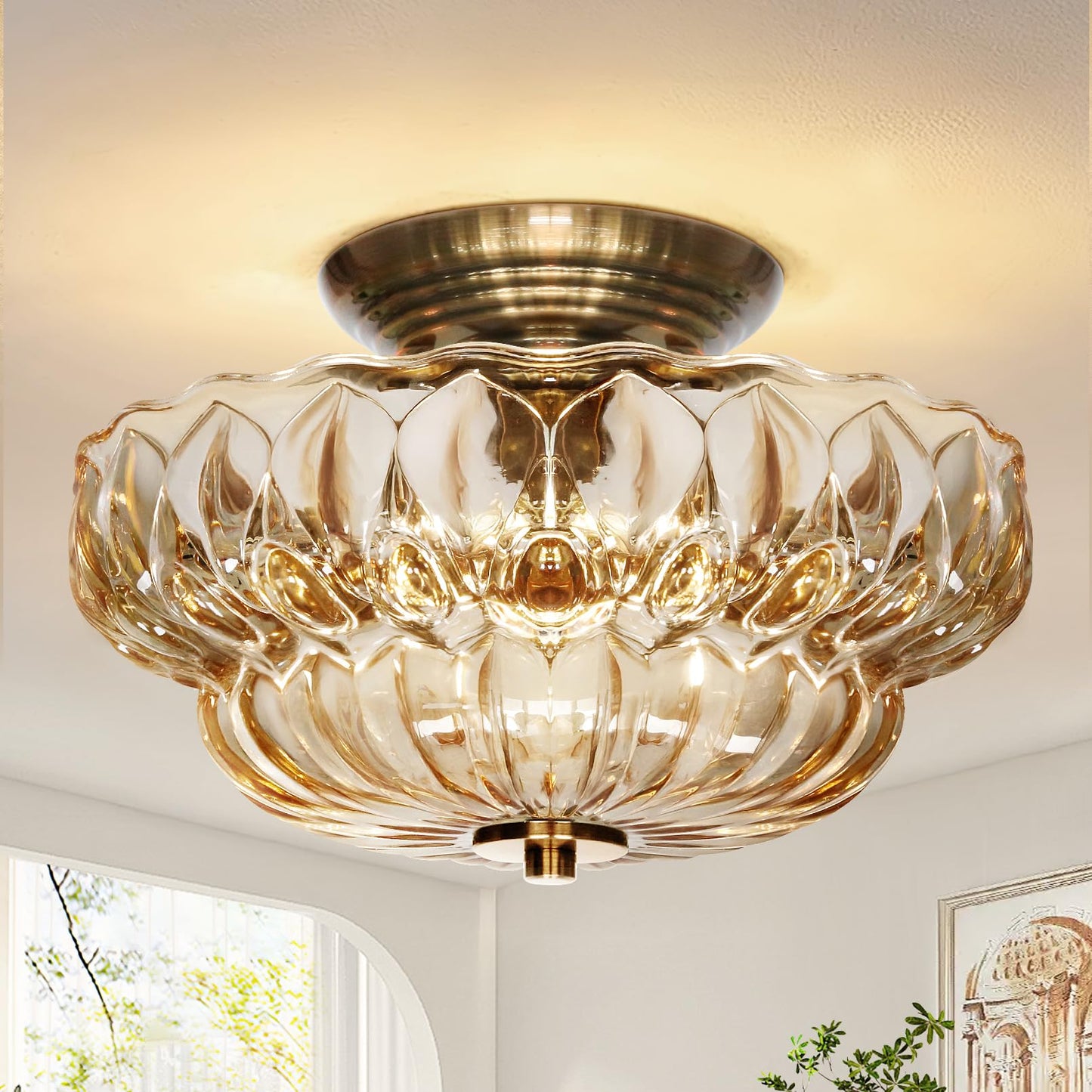11" 3-Bulb Bright Semi Flush Mount Ceiling Light,Vintage Gold Hallway Light | OYKYOHEI Globe Close to Ceiling Light for Bathroom/Dining Room/Entryway /Kitchen,Amber Glass,Easy Install,40W Max G9(NO BULB)