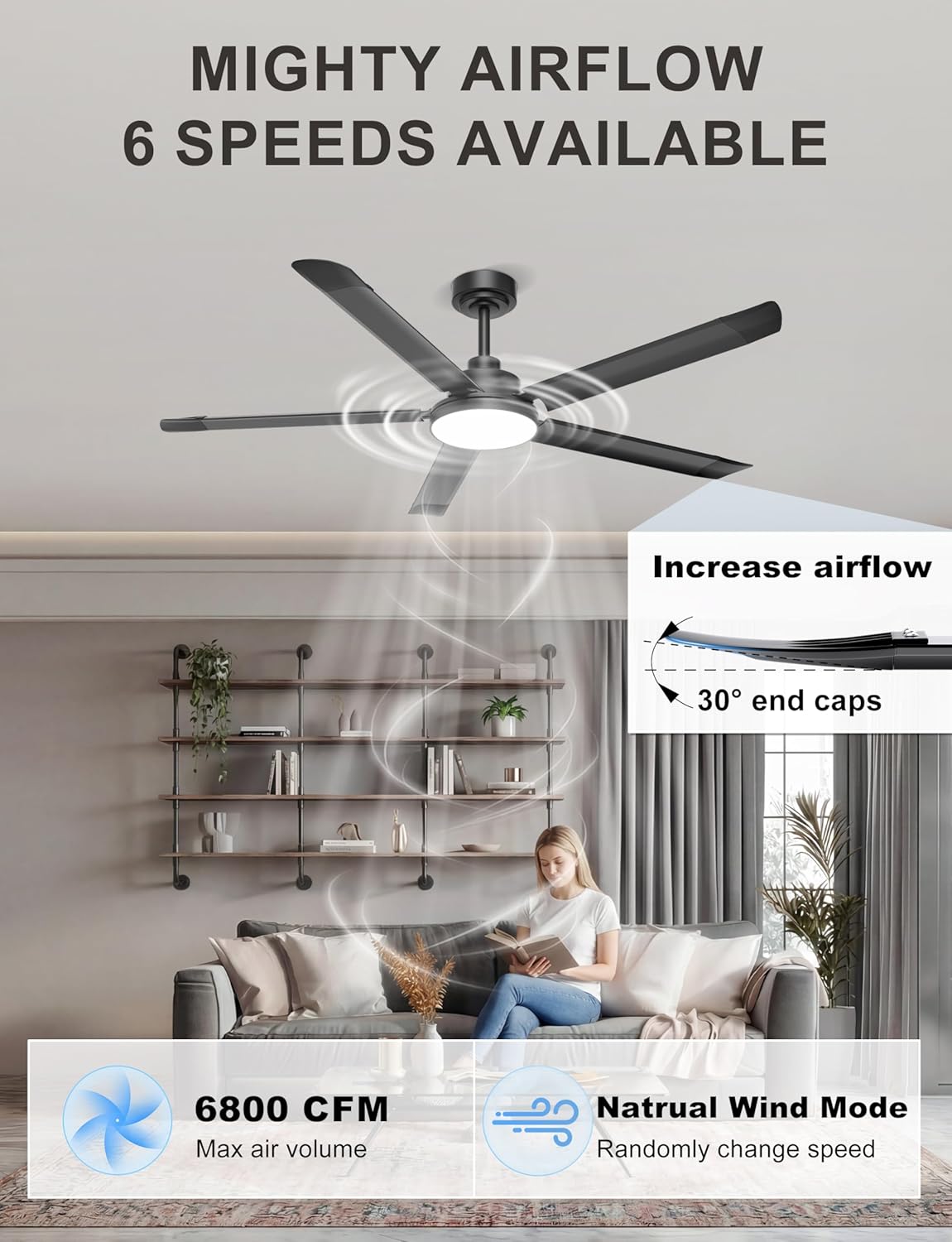 Ohniyou 60'' Industrial Ceiling Fan with Light for Patio, Porch, Black | 6800 CFM Airflow, 35dB DC Motor, 5 Aluminum Blades, 3CCT Dimming, Remote/APP Control, Covered Outdoor Metal Fan