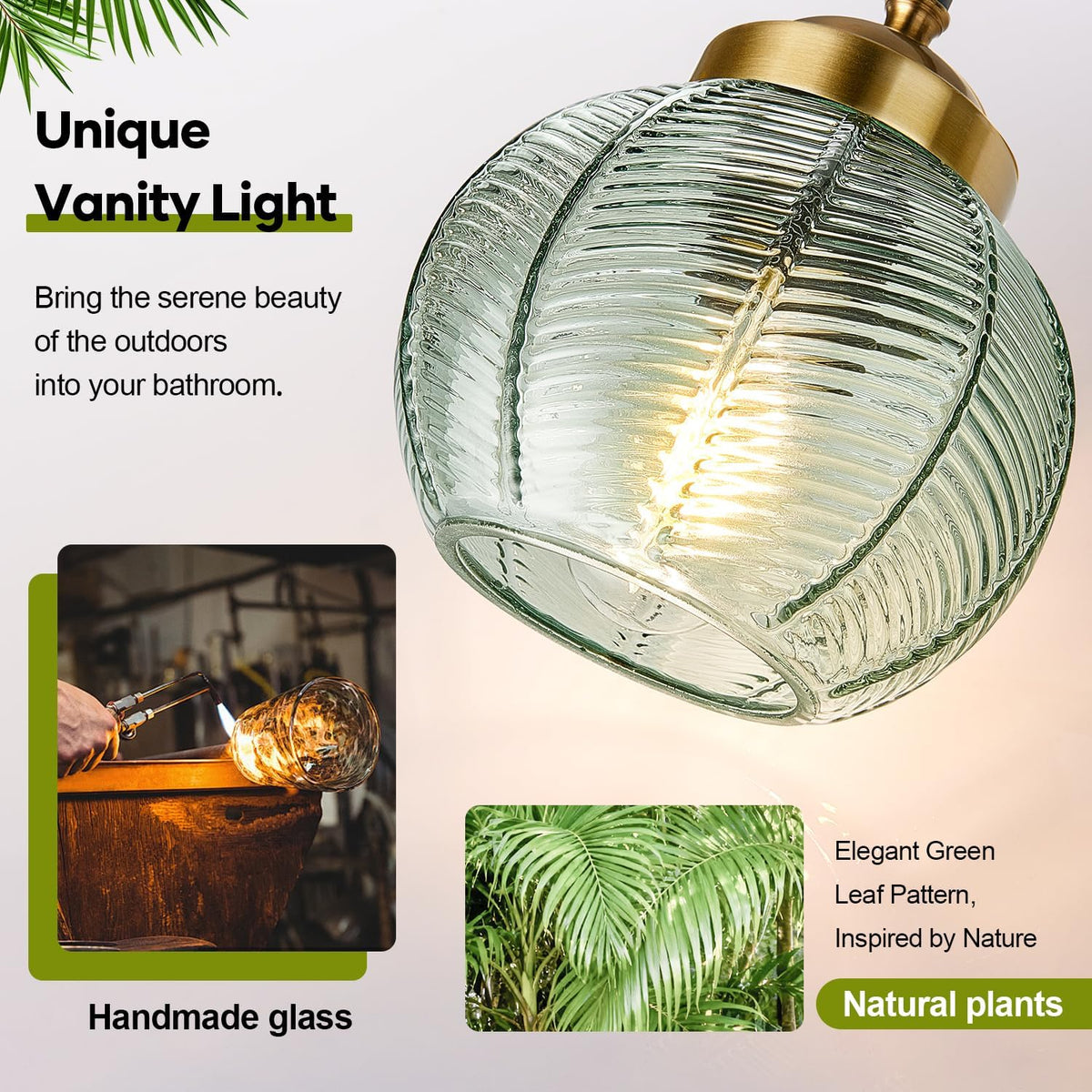 MOKATNG Bathroom Light Fixtures, 3-Light Green Vanity Lights with Unique Leaf Texture Glass Shade, Modern Matte Black and Gold Bathroom Wall Lamp for Mirror Hallway Cabinet Living Room