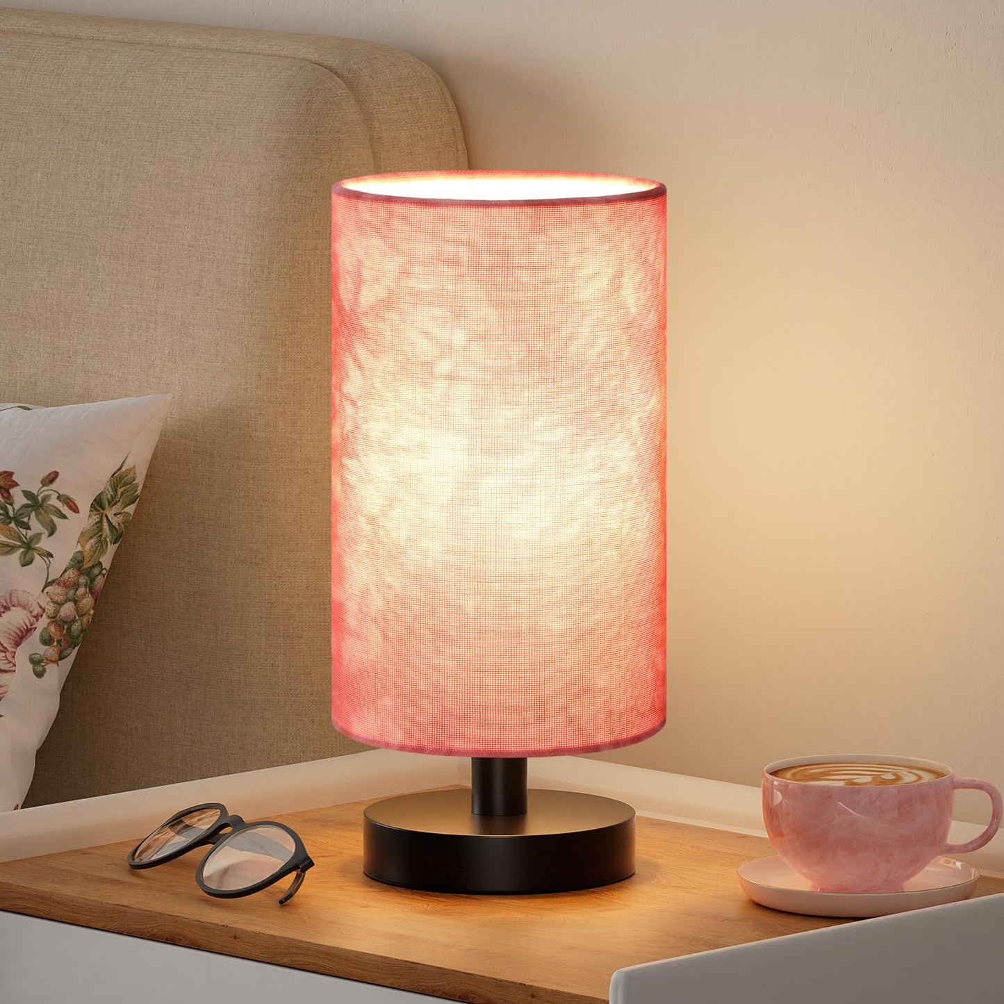 9" Small Table Lamp for Bedroom - Inline Control with 3000K Blub | Cream Shade and Wood Base | 680 Lumens | Easy Assembly | Minimalist Design | E26 | for Kitchen | for Kids Room
