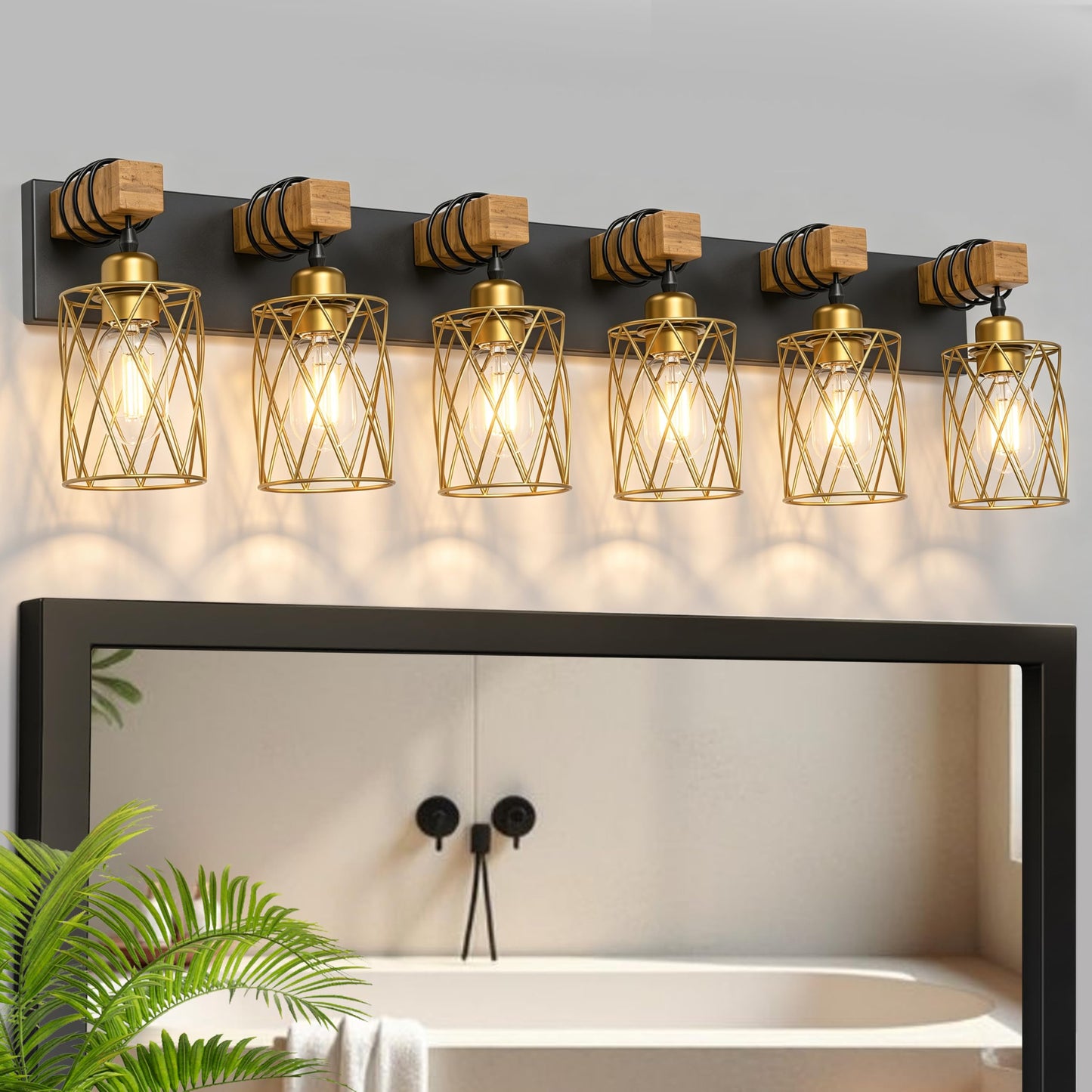 IZORRO Farmhouse Bathroom Vanity Light, 3-Light Wood Bathroom Light Fixtures Over Mirror, Black Industrial Vanity Lights with Metal Shade, Rustic Restroom Lighting Fixtures