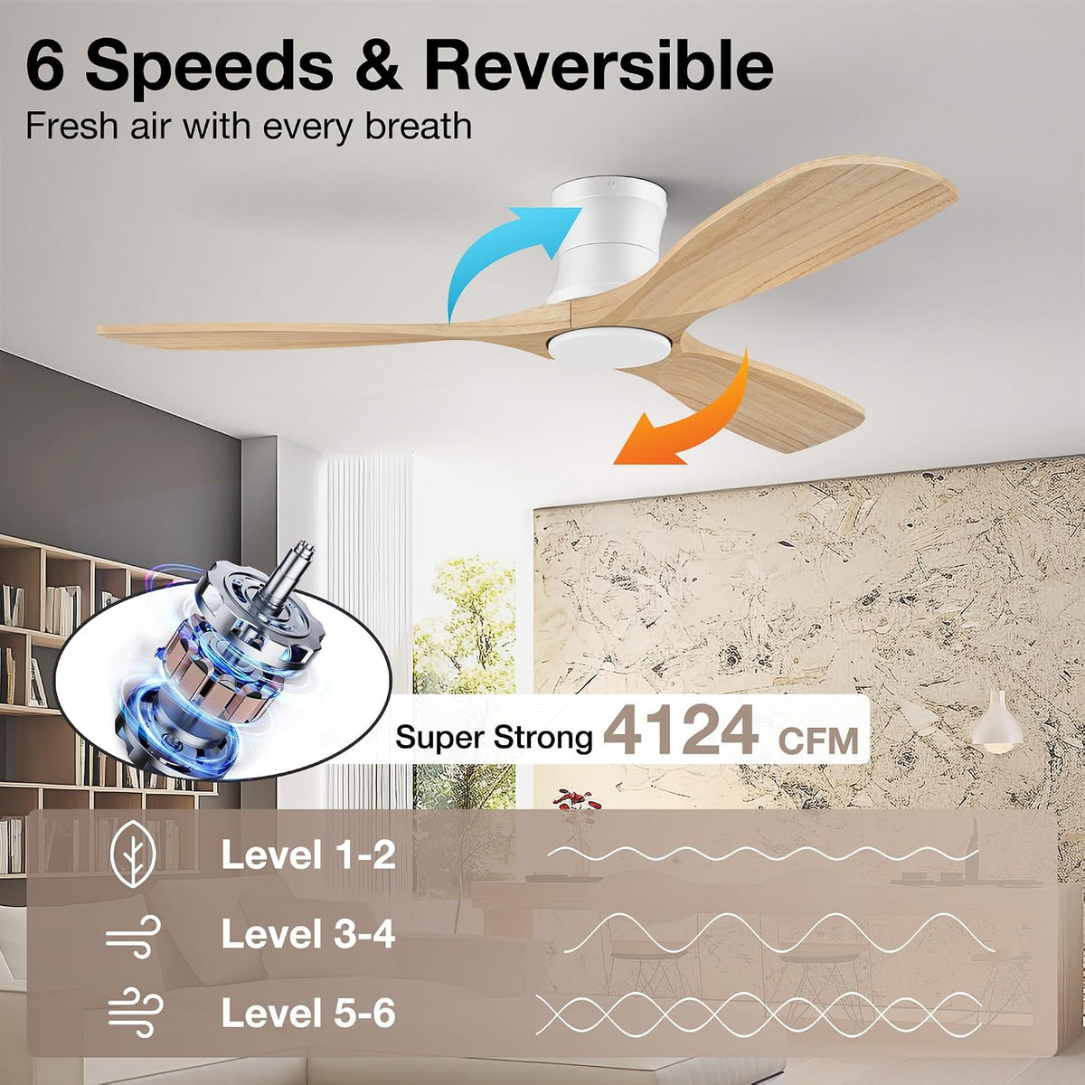 52" Wood Low Profile Ceiling Fans with Lights Remote,Flush Mount,Smart | Alexa/App Control,Easy Install,Quiet,Light Wood White,Hugger LED Ceiling Fan for Modern Outdoor Indoor Patio Bedroom,High CFM