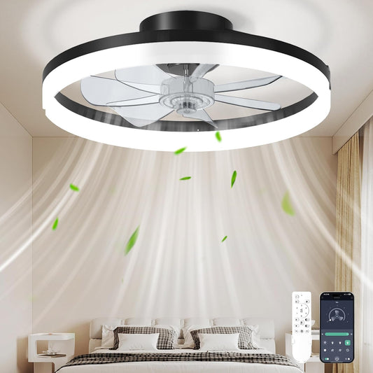CHAREADA Ceiling Fan with Light, 20" Low Profile Foldable Ceiling Fans | with 6 Wind Speeds, Dimmable Smart Ceiling Fan Light with Remote for Bedroom, Kids Room and Living Room