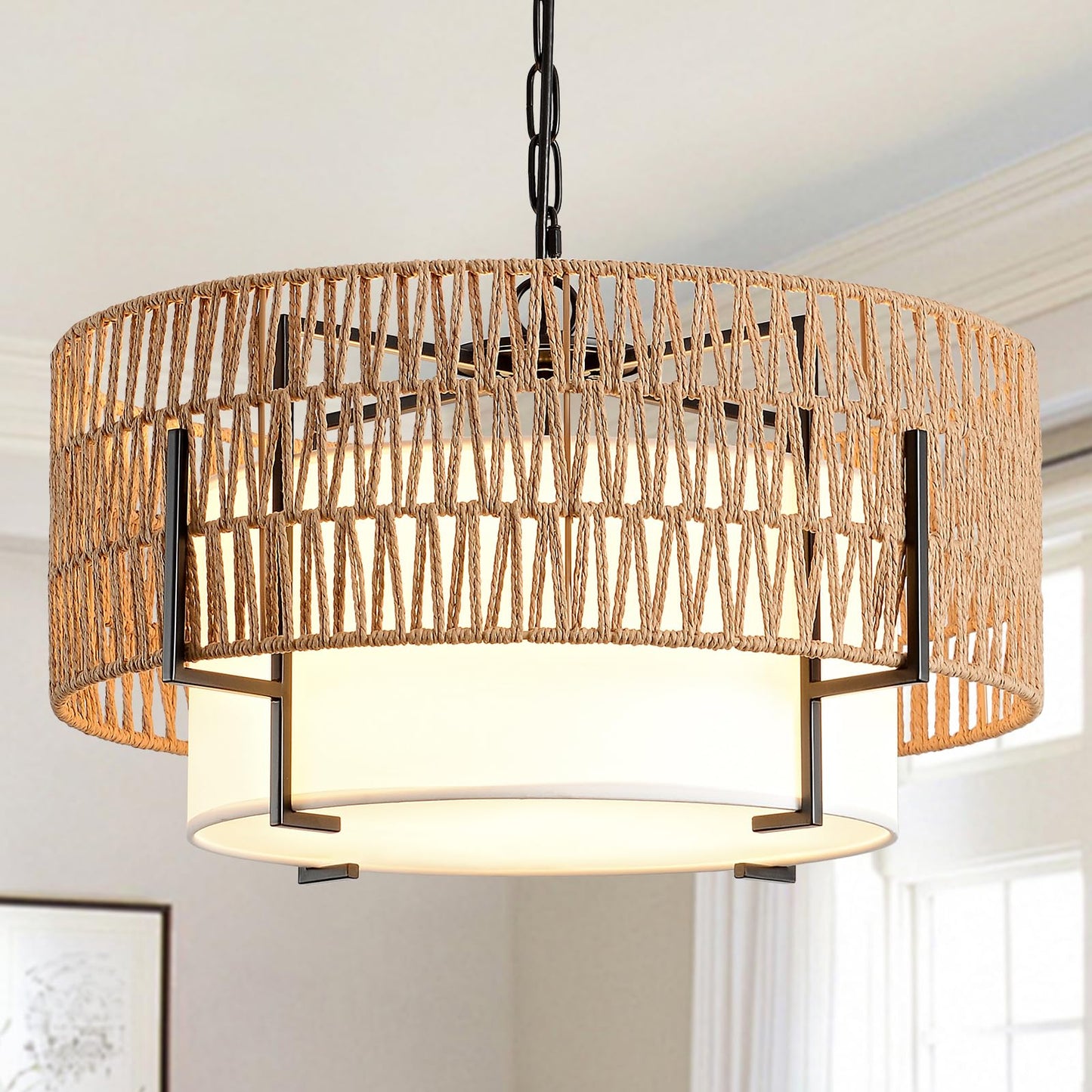 4-Light Rattan Chandelier for Dining Room, 19.7" Boho Pendant Light | Hand Woven, Drum Design with Fabric Shade, Farmhouse Style, for Living Room, Kitchen Island, Bedroom, Hallway, Foyer
