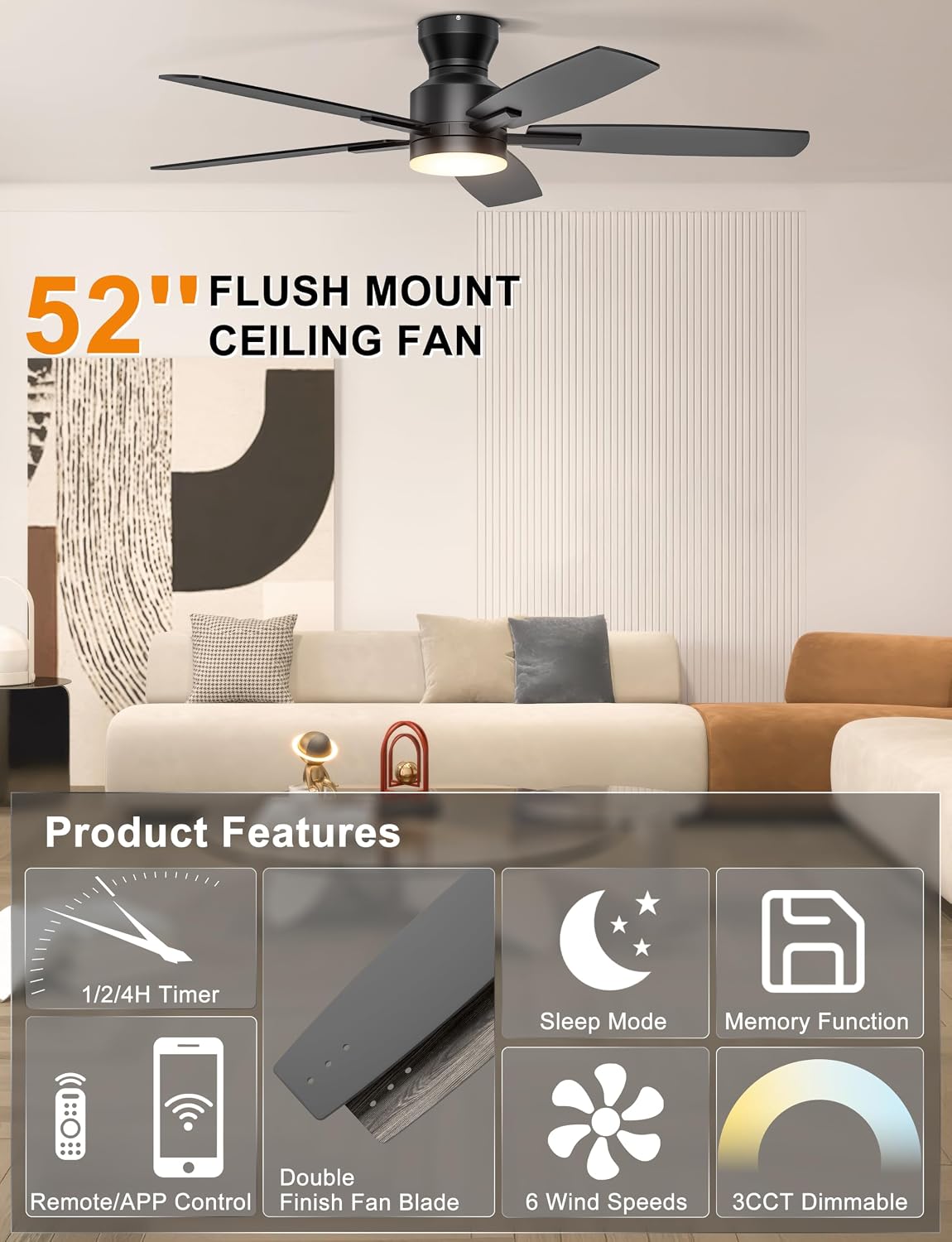 Ohniyou 52'' Low Profile Ceiling Fan with Lights, Remote/APP Control, Black | Flush Mount, Dimmable 3CCT LED, Quiet Reversible DC Motor; Memory Function, 4580 CFM, for Indoor Bedroom Living Room