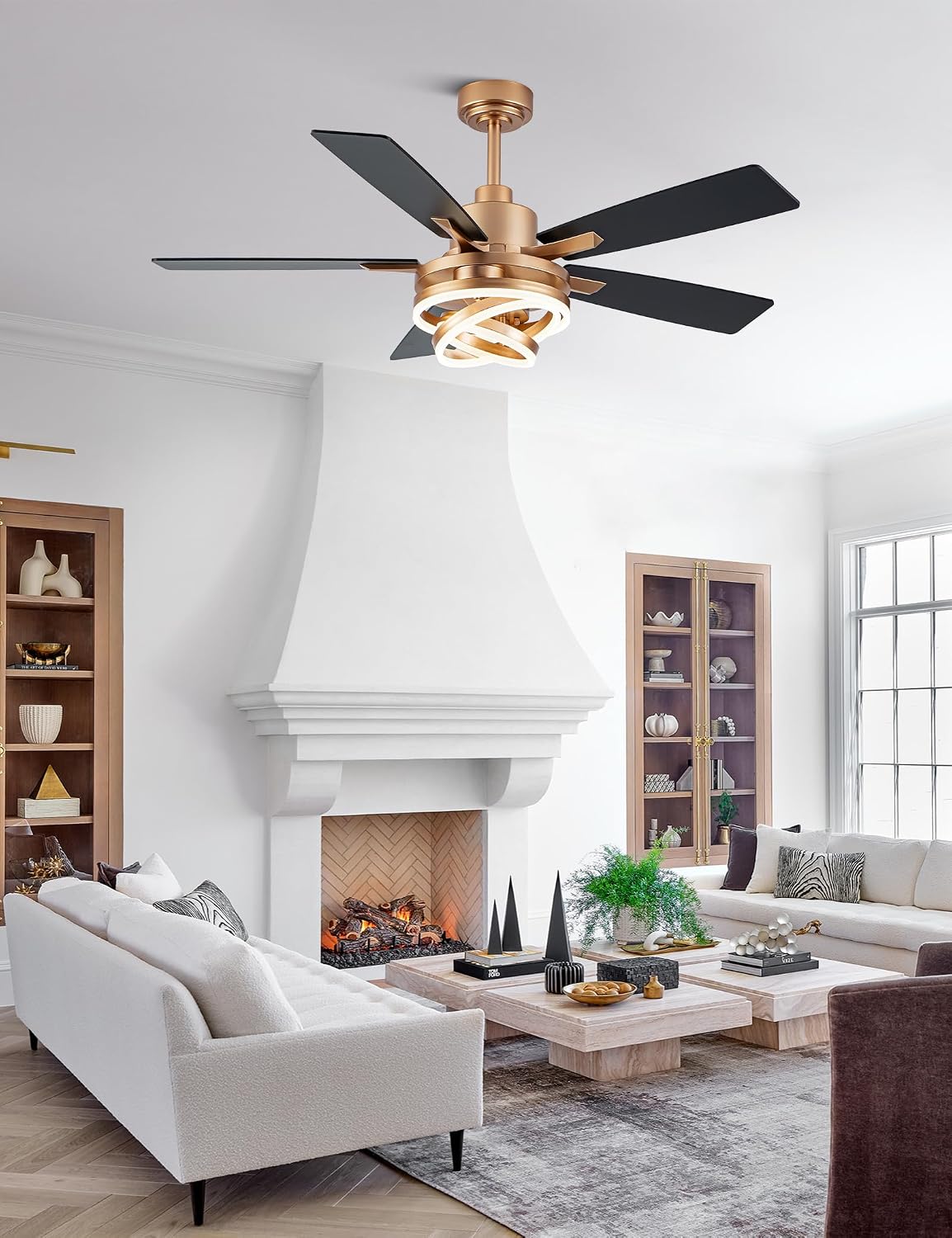 52" Black and Gold Modern Chandelier Fandelier Ceiling Fan with Light | DC motor, reversible, dimmable, 3 adjustable rings for DIY shape; for bedroom, living room.