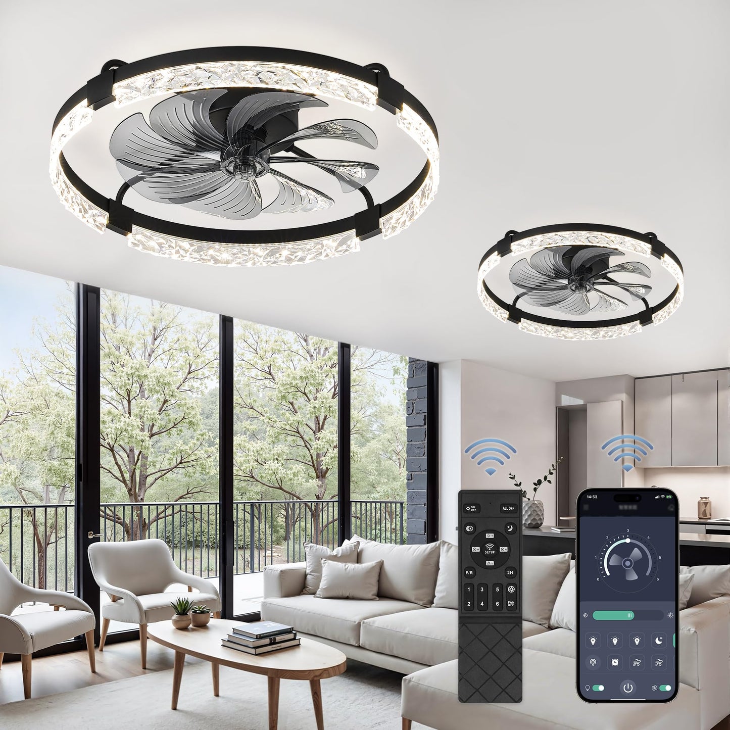 LEDIARY 20" Modern Ceiling Fans with Lights and Remote, White Fandelier | Dimmable Low Profile, Flush Mount Ceiling Fan, Stepless Color Temperature Change, 6 Speeds, Bedroom, Living Room, Kitchen