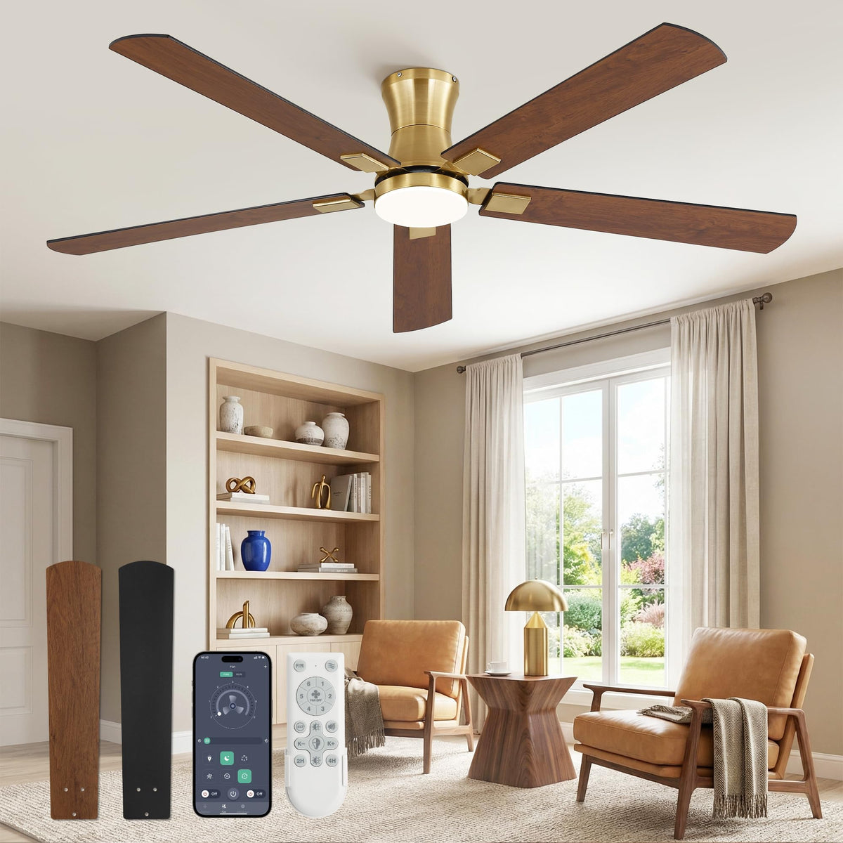Fanbulous 52 inch Ceiling Fan with Light, Low Profile, App & Remote Control | Flush Mount, Stepless Dimming LED Light, Quiet Reversible DC Motor, Memory Function, Living Room, Bedroom, Patio, Black