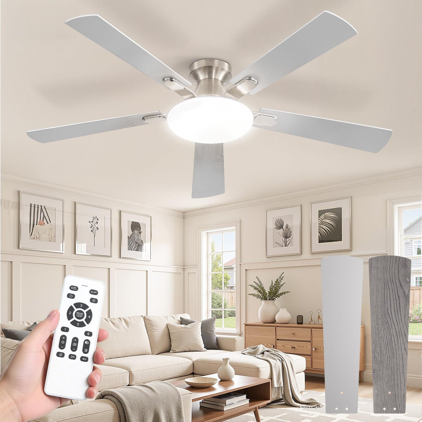 LEDIARY 52 Inch Flush Mount Ceiling Fans with Lights, Remote & APP Control | Bright Light, 3CCT, Memory Function, Timer, Reversible Blade, Quiet DC Motor, Damp-Rated, Living Room, Bedroom, Covered Patio